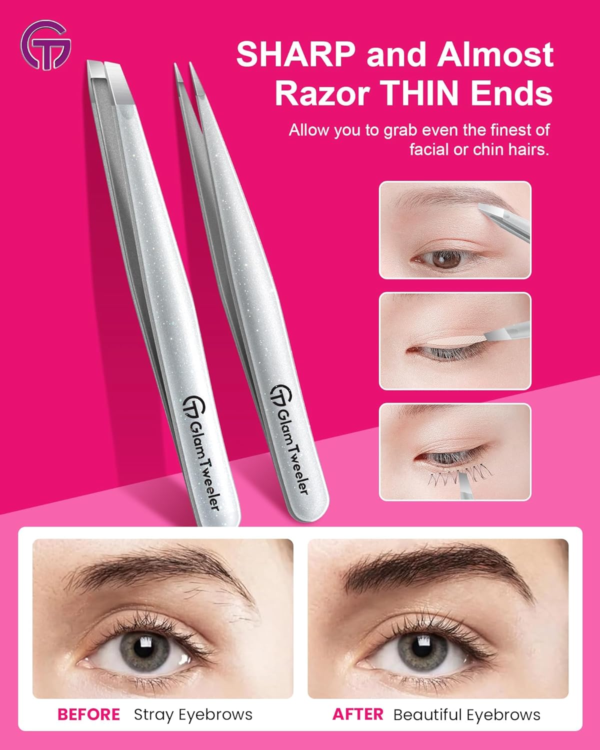 Expert Slant and Point Tip Tweezer Set with Exclusive Storage & Carrying Case, GlamTweeler Sharp & Precision Tweezer Set for Eyebrows, Facial Hairs and Fine Hairs Removal (Sparkle Silver)