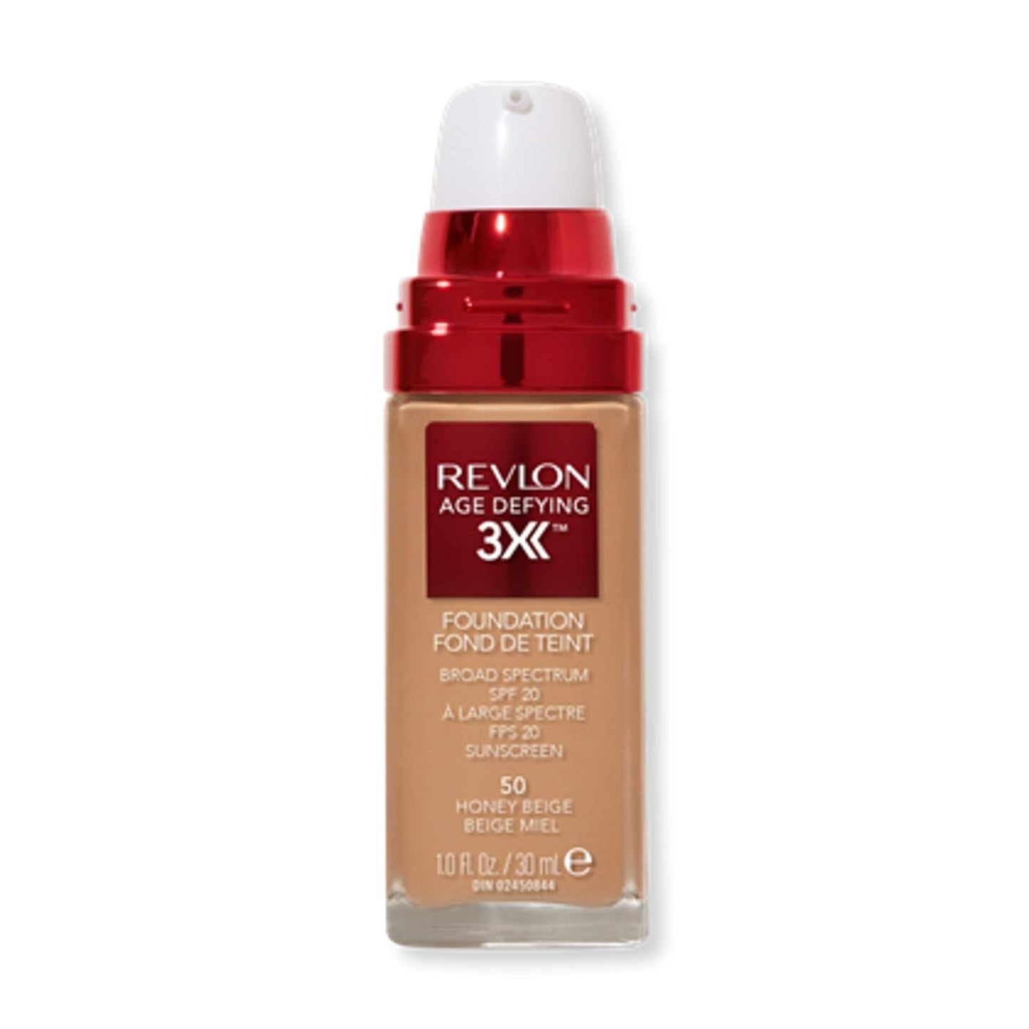 Revlon Liquid Foundation, Age Defying 3XFace Makeup, Anti-Aging and Firming Formula, SPF 30, Longwear Medium Buildable Coverage with Natural Finish, 050 Honey Beige, 1 Fl Oz
