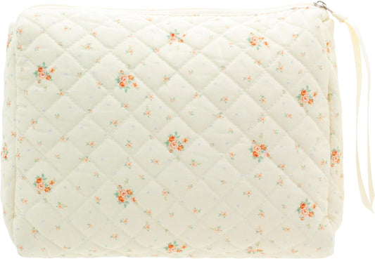 PAZIMIIK Quilted Makeup Bag Large Travel Zipper Soft Cosmetic Pouch for Women Girls Make Up,Floral White
