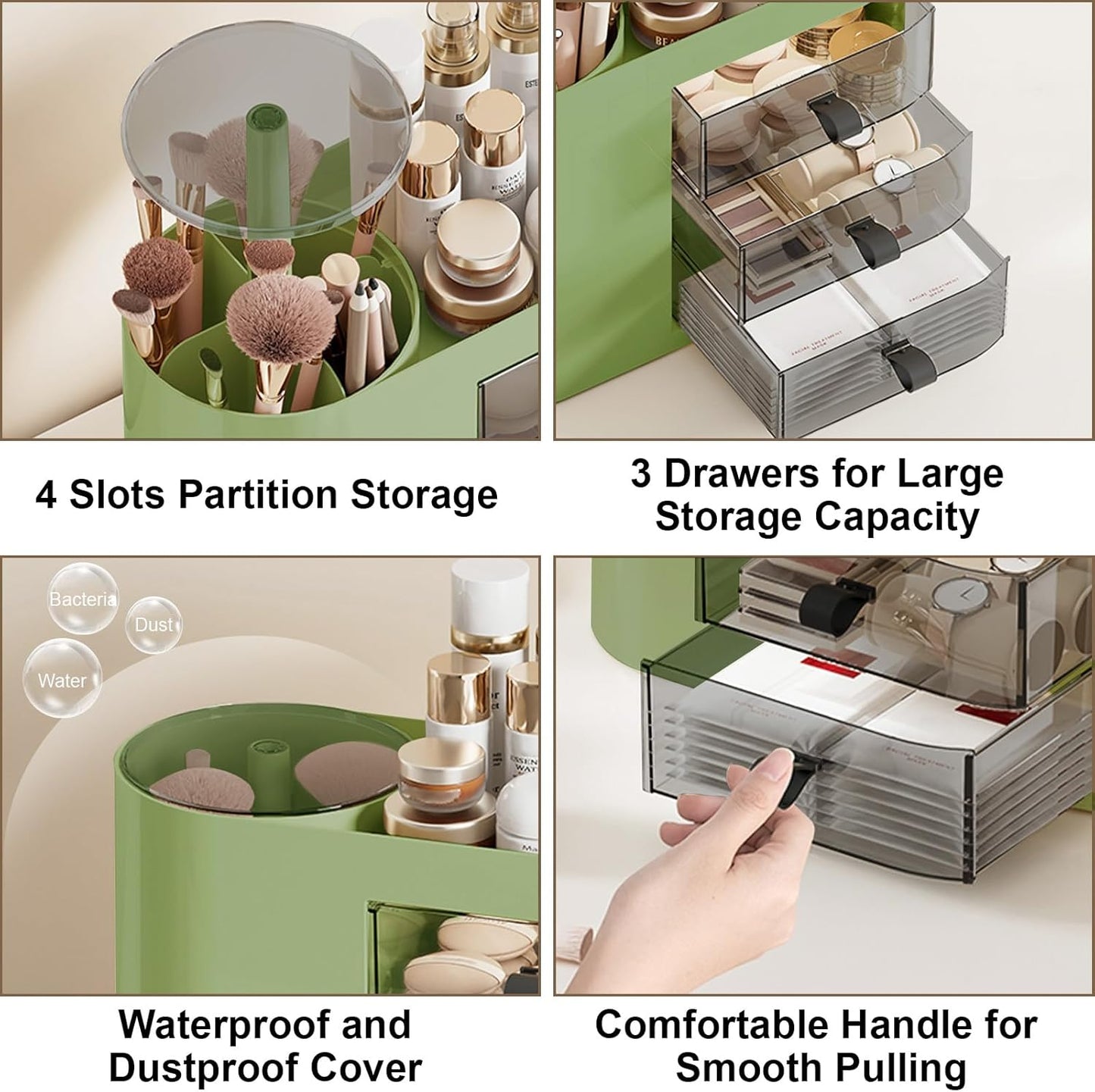 DASITON Makeup Organizer with 3 Drawers,Automatic Lifting Makeup Brush Holder with Lid,Large Capacity Makeup Organizers for Vanity,Bathroom Countertop,Ideal Storage Skin Care,Brushes,Lipstick (Green)