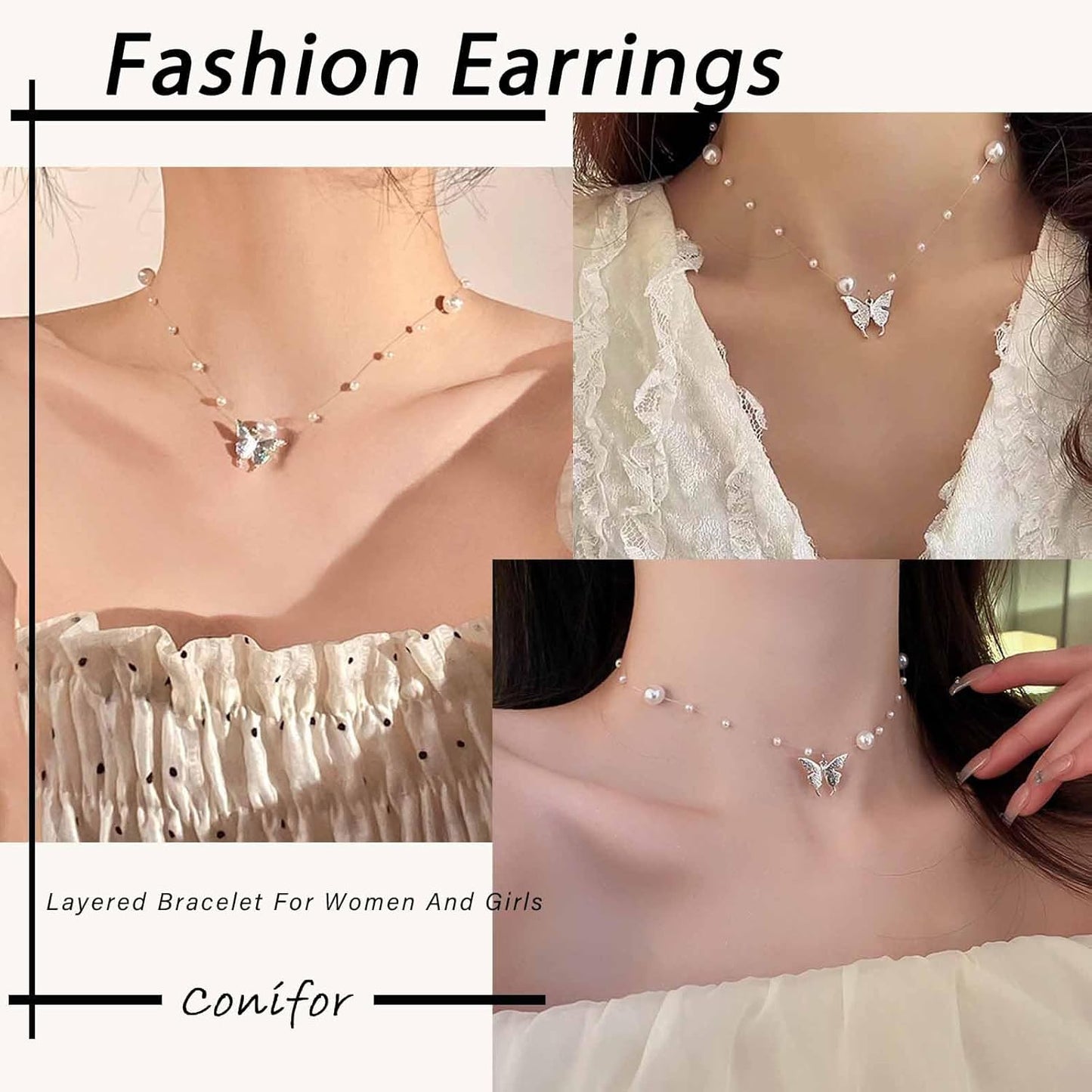 Boho Butterfly Pendant Necklace Choker Vintage Pearl Butterfly Necklace Invisible Line Chain Pearl Necklace Statement Bridal Pearl Satellite Chain Necklace Jewelry for Women