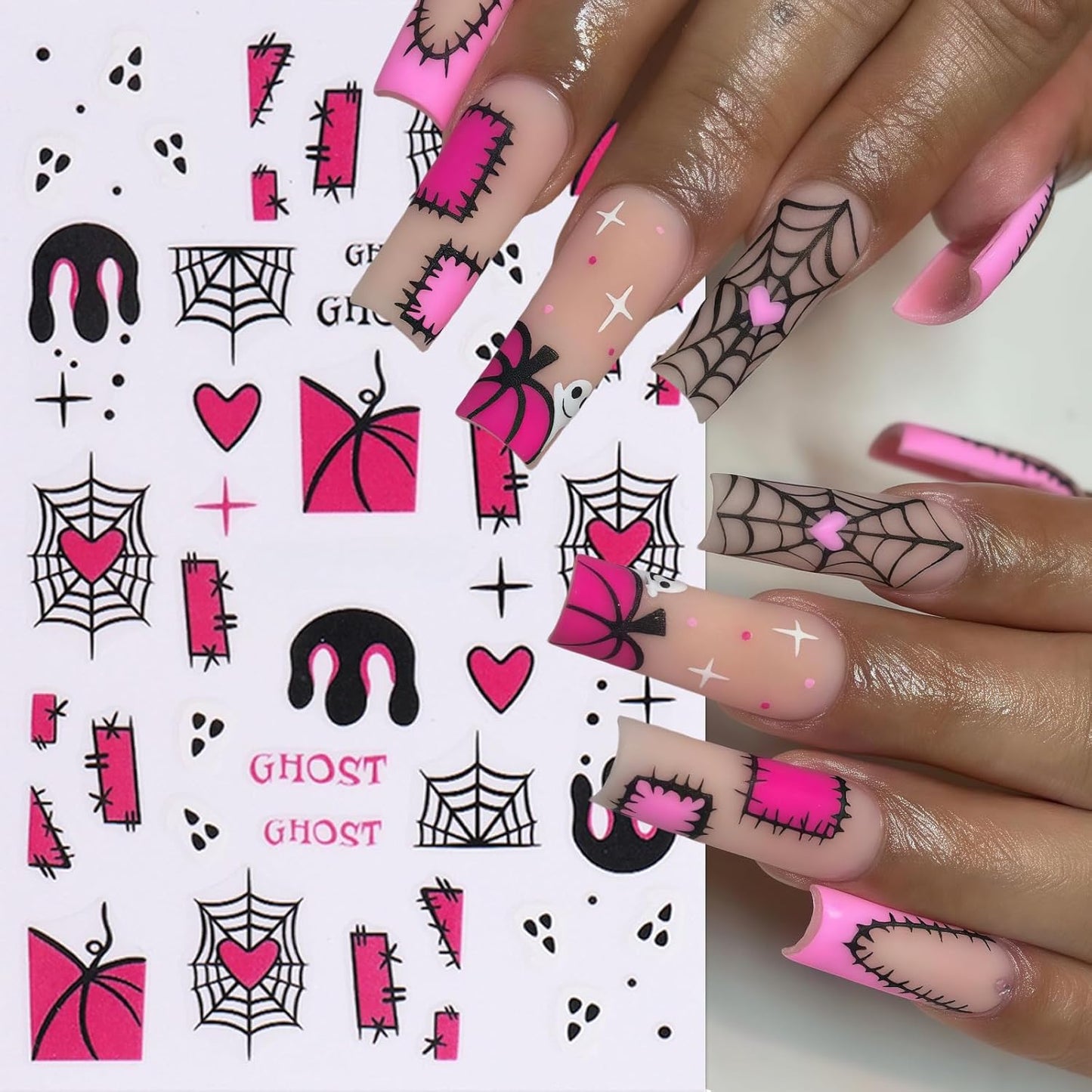 8Sheets Halloween Nail Stickers for Nail Art,3D Self-Adhesive Cute Ghost Spider Nail Decals Pink Red Horror Pumpkin Heart Spider Web Nail Design Nails Supplies for Women Manicure Holiday Decorations