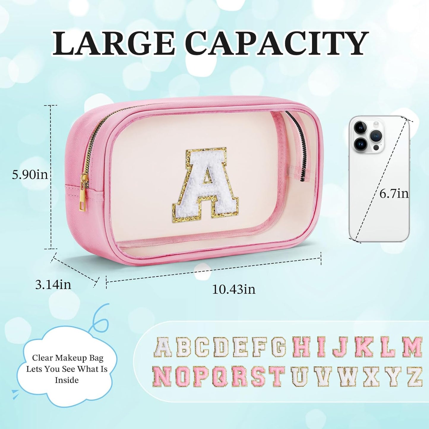 YOOLIFE Travel Toiletry Bag for Women, Pink Clear Makeup Bag Cute Make Up Bag for Women Cosmetic Bags Skin Care Makeup Bag Organizer Birthday Gifts for Women Teacher Mother Girlfriend Initial H