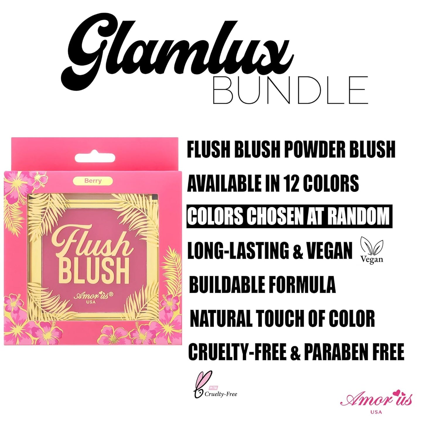 Beauty Mystery Bundle Amorus Flush Blush Powder, Long Lasting, Buildable formula, 3D Mink Reusable Eyelashes, Sweet Dose Lip Oil Nourishing & Exfoliating