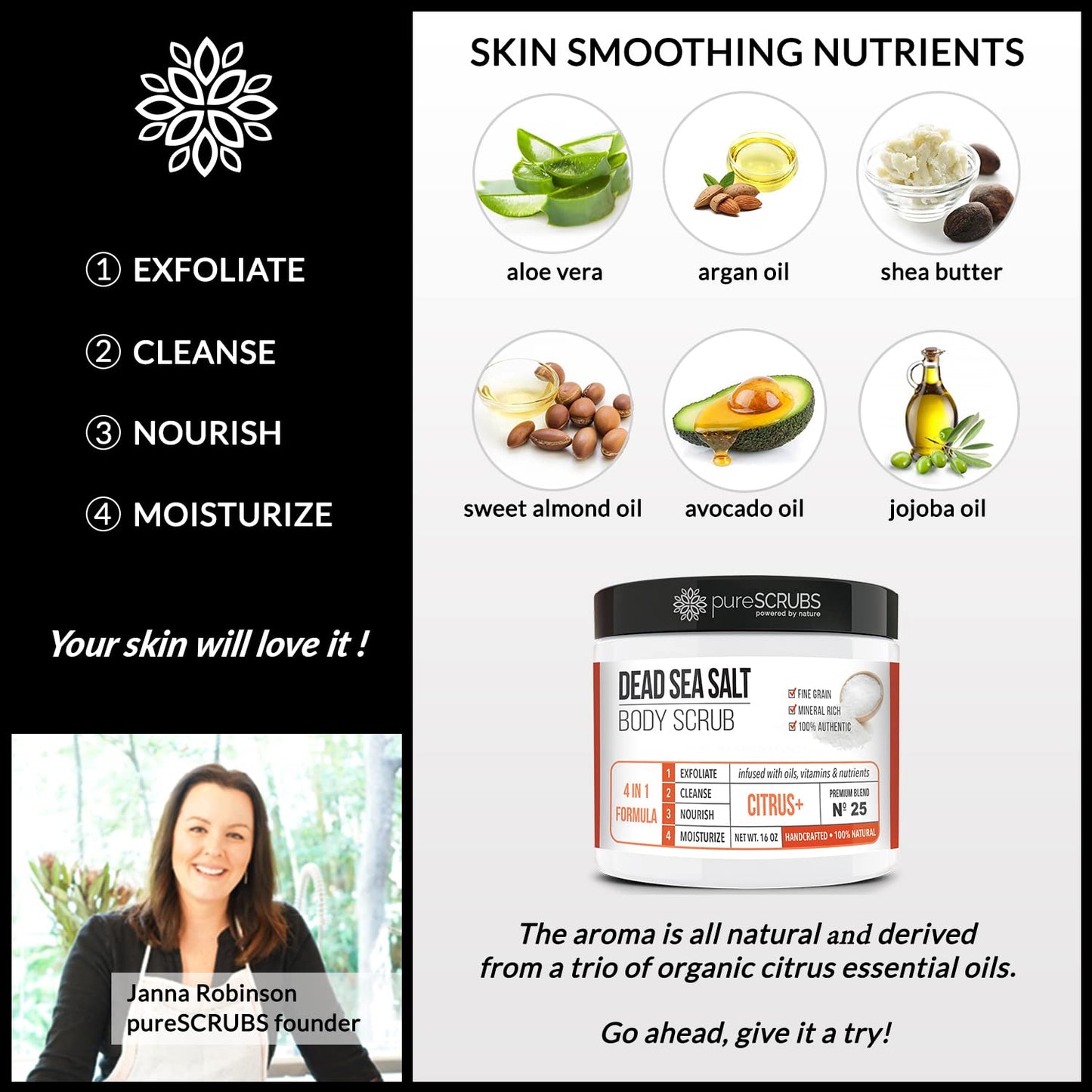 pureSCRUBS Premium Citrus Body Scrub Set - Large 16oz Dead Sea Salt Body Scrub With Infused Essential Oils & Nutrients, Includes Wooden Spoon, Loofah & Oatmeal Exfoliating Bar Soap