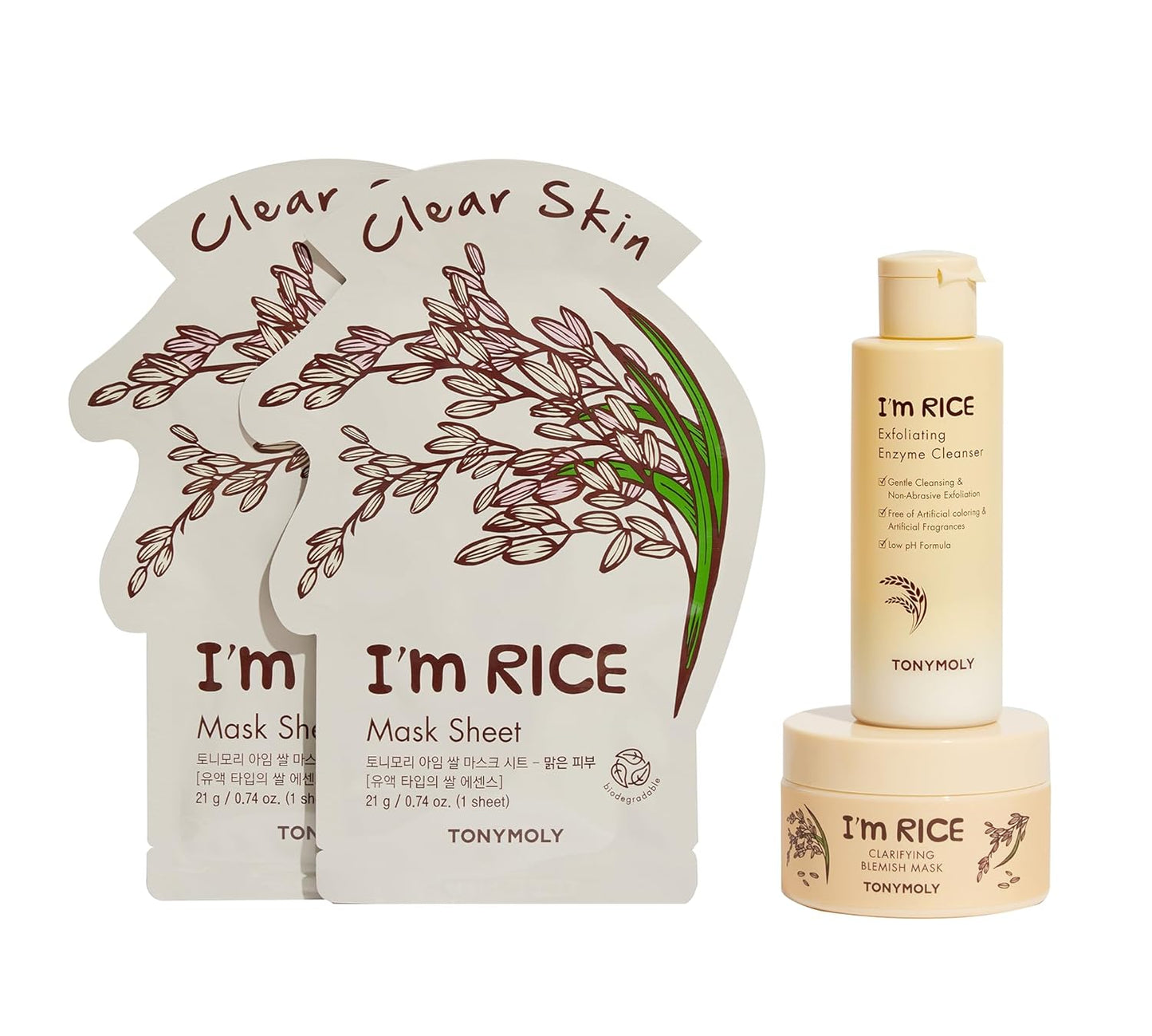 TONYMOLY I'm Rice Clarifying Skincare Set – 3-Step Face Care for Clear, Hydrated Skin – Includes Enzyme Powder Cleanser, Blemish Mask & Nourishing Sheet Masks – Gentle Exfoliation & Oil Control