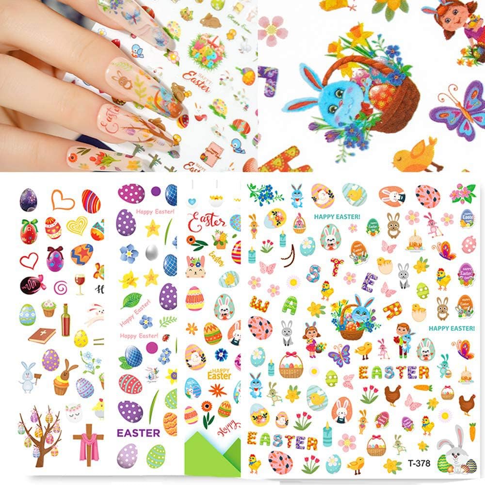 Easter Nail Stickers Rabbit Decals Cute Cartoon Bunny Eggs Chicks Stickers for Women Girls Nail Art Decorations Manicure Finger Tip Decor 10sheets 3D Self-Adhesive Decals