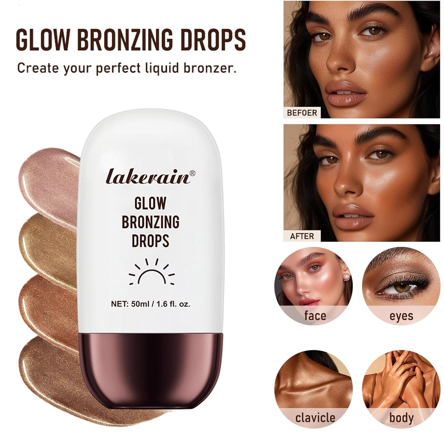 Bronzing Drops For Face, Liquid Bronzer Glow Drops, Face Body Shimmer Glow Illuminator, Nourishing Skincare Bronzer Shimmer Oil, Waterproof Moisturizing Body Highlighter(01 Champagne Shimmer)