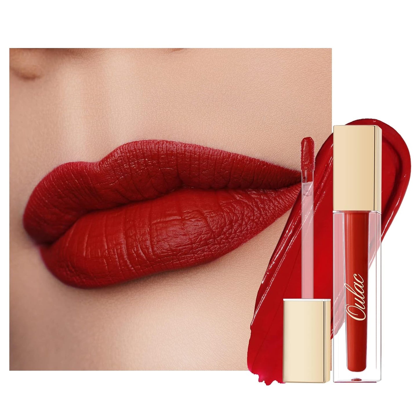 Oulac Matte Liquid Red Lipstick for Women, Deep Red Lip Gloss Creamy Matte Texture, Waterproof, Non-Stick Cup, Extra-Pigmented Lip Tint Stain with Vitamin E & Rose Oil, Vegan, Cruelty-Free, M01