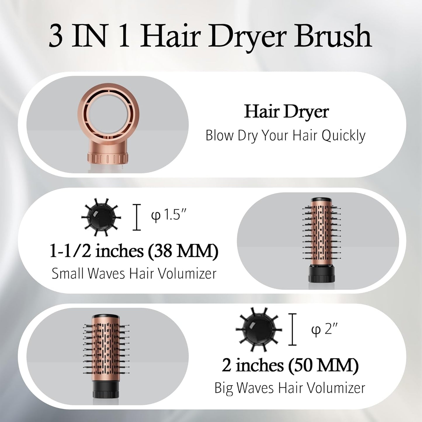 DAILYLIFE Rotating Hair Dryer Brush, Blow Dryer Brush Spinning, 2 Spin Brushes 1.5 Inch &2 Inch, 3 in 1 Round Hot Air Styler for Hair Dryer, Volumizer, Smooth, Gold