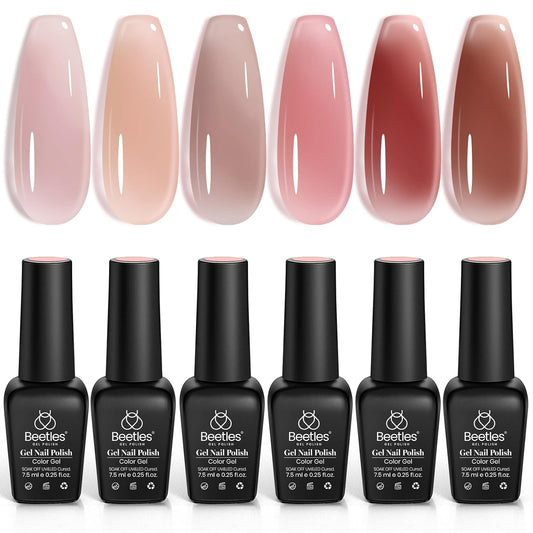 Beetles Jelly Gel Nail Polish Set, 6 Colors Nude Sheer Natural Pink Red Brown Gel Nail Polish Kit for DIY Nail Art Salon Home Gift For Women Girls