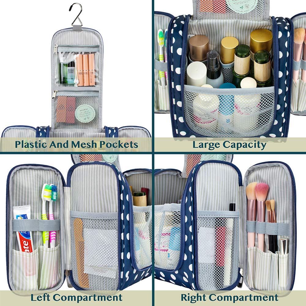 PAVILIA Toiletry Bag Travel Bag for Women Men, Hanging Cosmetic Organizer, Water Resistant Makeup Bag for Accessories Toiletries, Large Travel Essentials Kit (Navy Polka Dot)