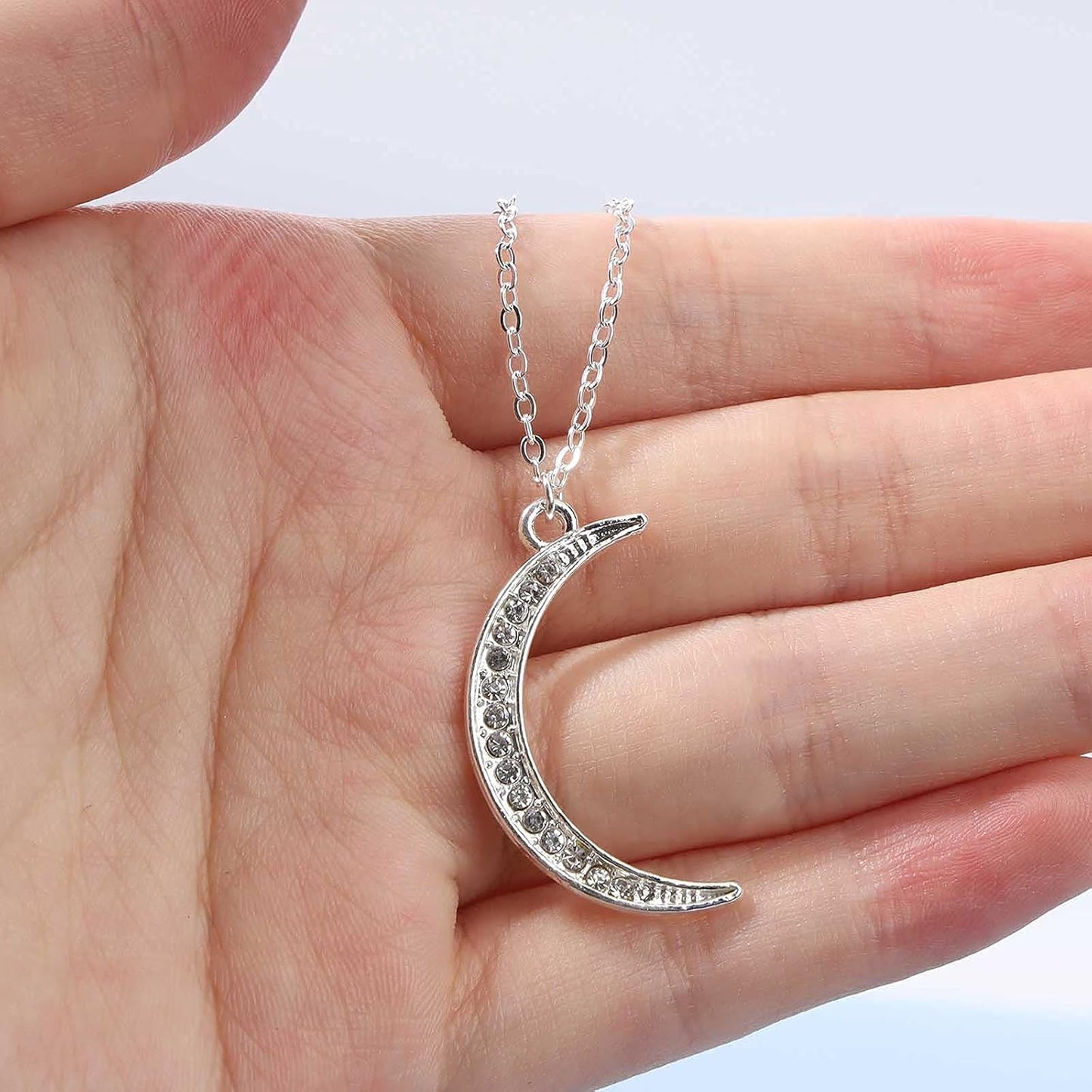 Boho Rhinestone Moon Necklace CZ Crescent Pendant Necklace Chain Minimalist Necklace Festival Jewelry for Women and Teen Girls