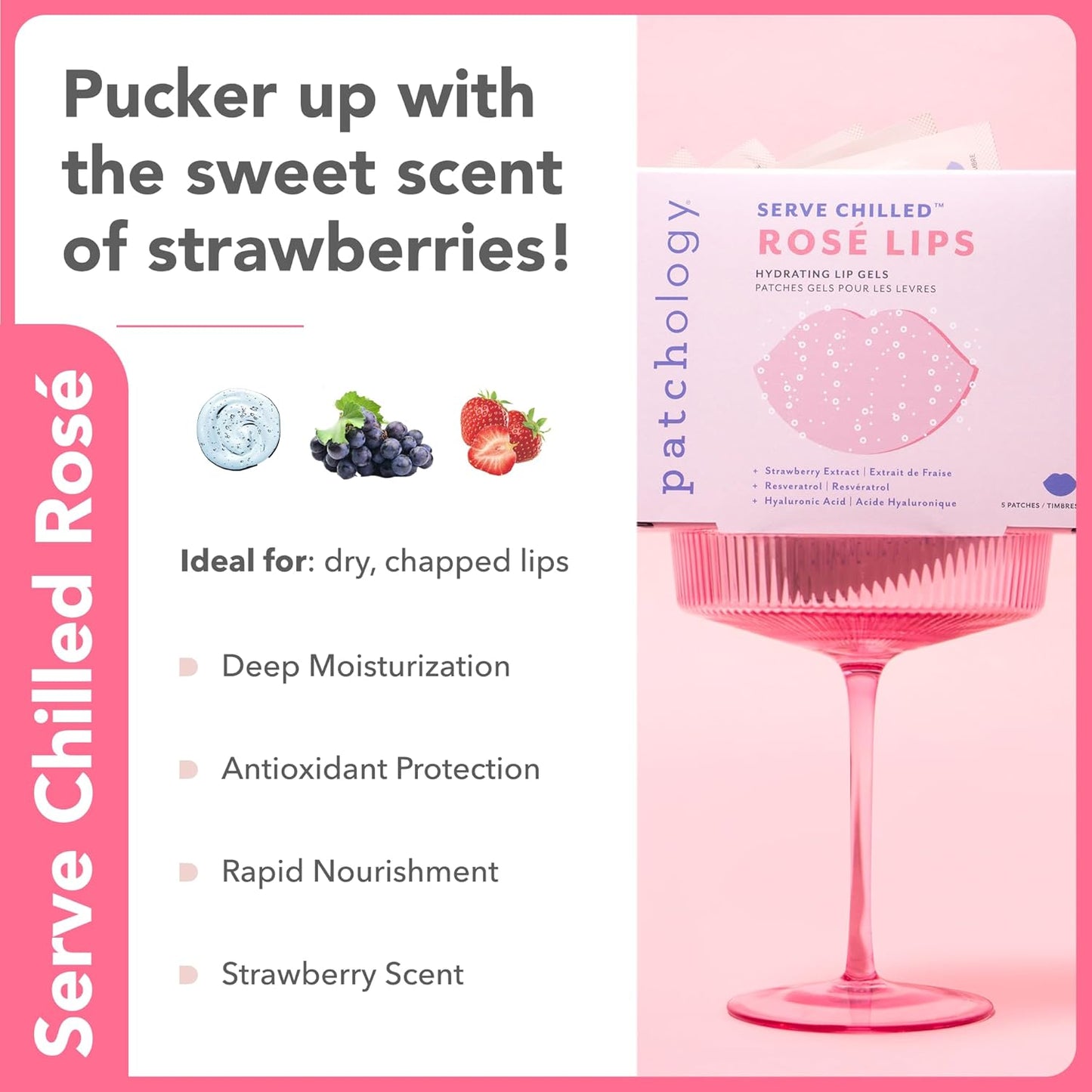 Patchology Serve Chilled Rosé Gel Lip Mask – Hydrating Mask with Resveratrol & Hyaluronic Acid for Soft Feel, Plumping & Moisture – Strawberry Scented, Solution for Dry or Chapped Lips, 5 Count