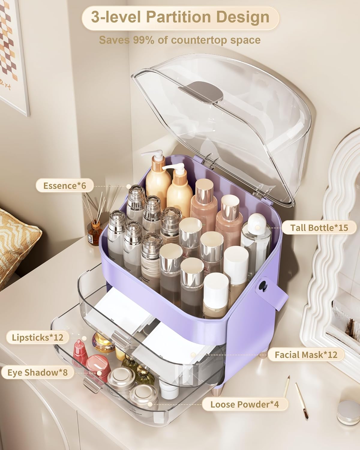 Makeup Organizer, Skincare Holder Bathroom Counter Organizer, Storage Box Cosmetic Display Cases, Teen Girl Gifts Trendy Stuff Make up Organizers for Vanity, Dresser, Countertop (purple)