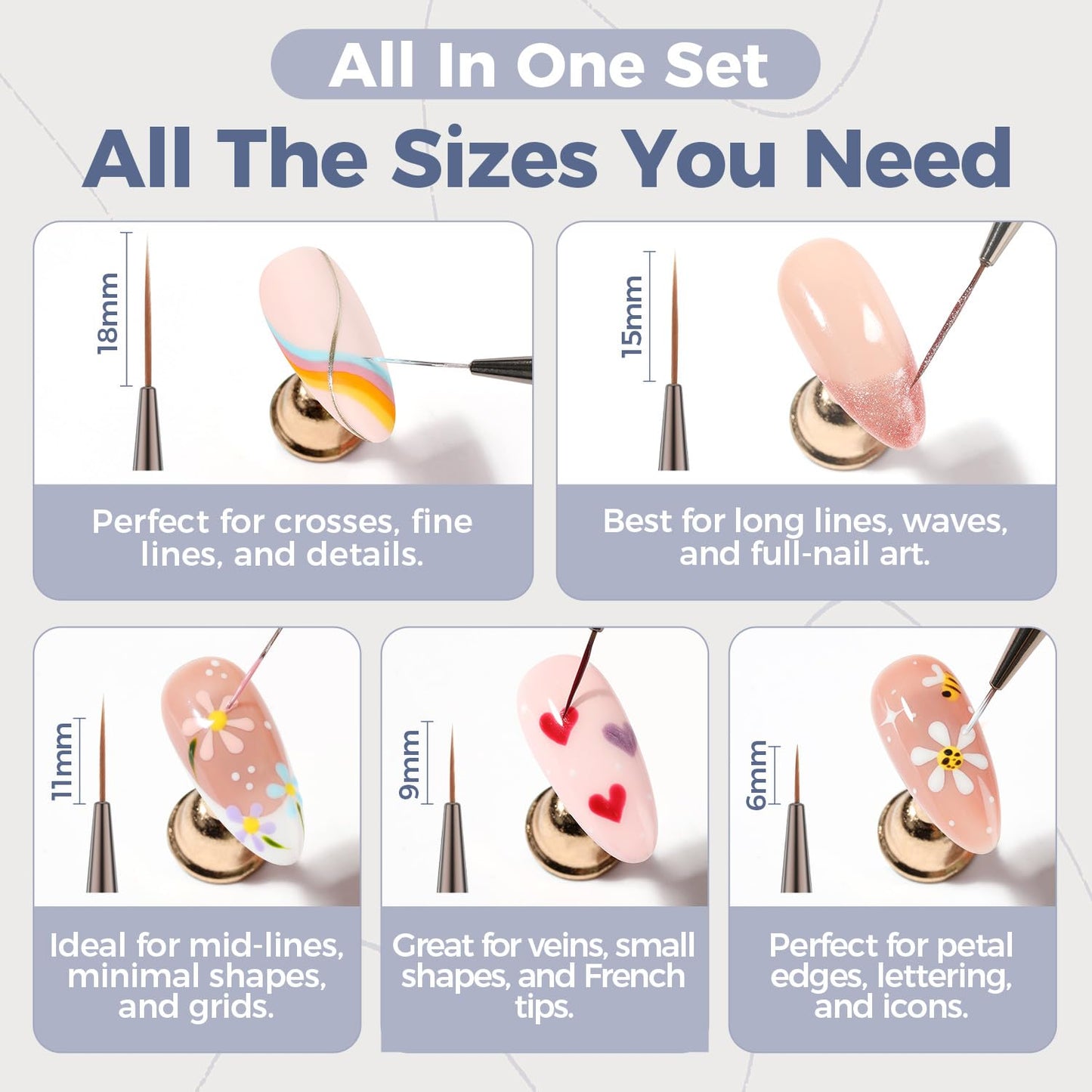 UNA GELLA Nail Art Brushes Metallic, Liner Pens 5Pcs Set For Nail Art Gel Polish, Gray Color, Detail Nail Art Design Painting Brush Set For Nails Gel Fine Drawing Nail Tools, 6/9/11/15/18mm Sizes