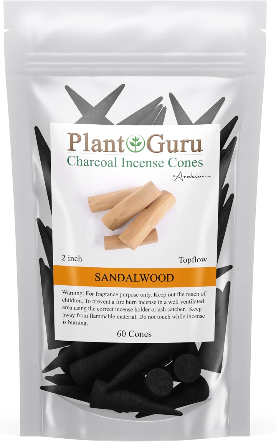 Sandalwood Charcoal Incense Cones 2" TOPLOW - 60 Pack Bulk - Natural Scented Cones Handmade Hand Dipped