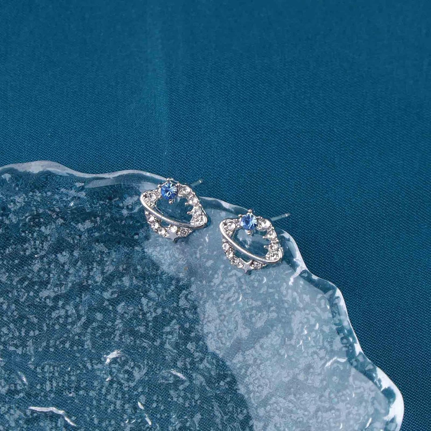 Boho Crystal Saturn Earrings Cz Orb Planet Earrings Silver Rhinestone Circle Earrings Tiny Sapphire Stud Earrings Jewelry for Women and Girls