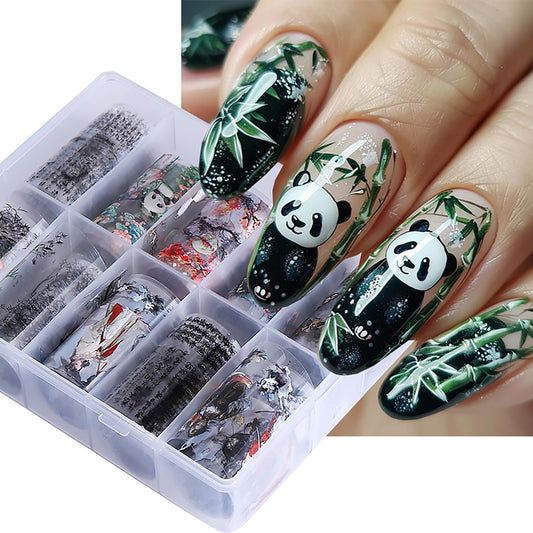 10 Rolls Nail Foils Transfer Nail Art, Chinese Style Nail Foil Transfer Stickers Self Adhesive Nail Art Supplies Decals Cute Panda Manicure Accessories Fall Winter Nail Decorations for Women