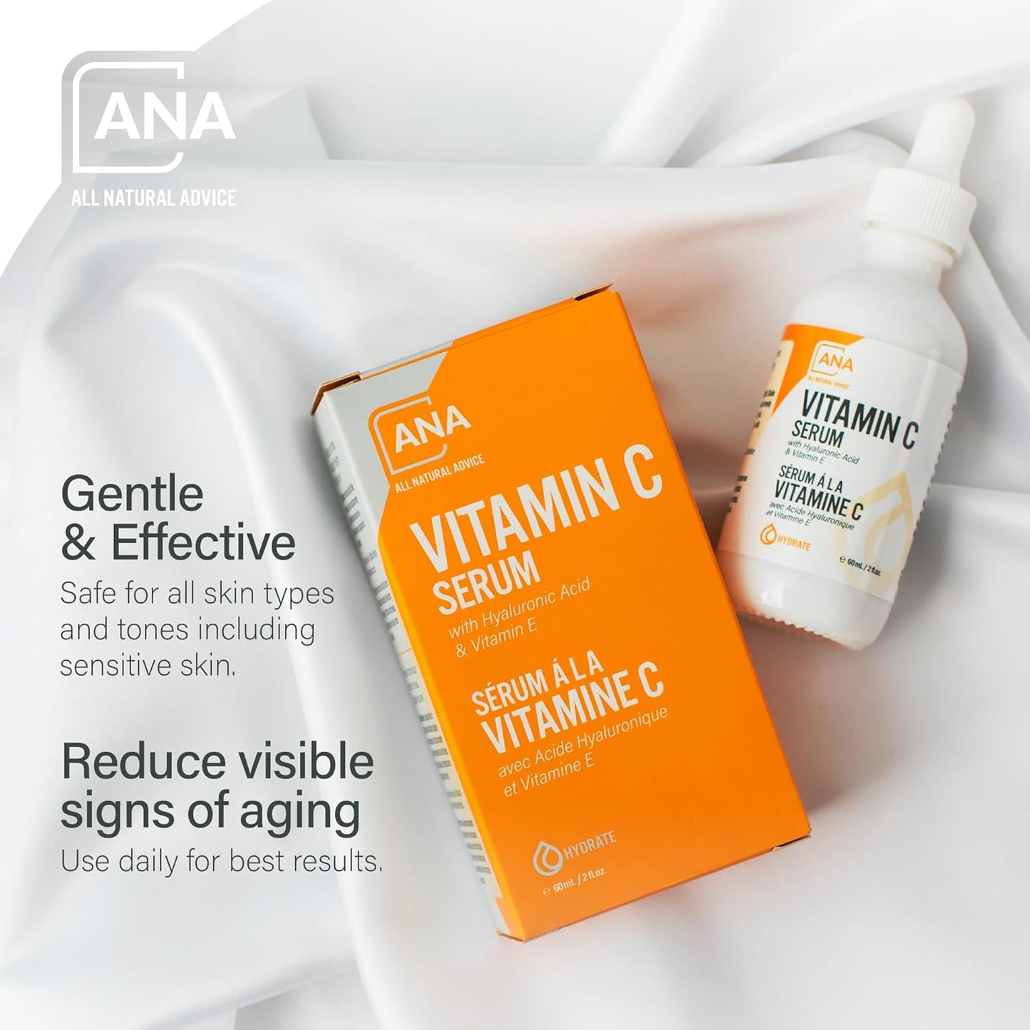 All Natural Advice Vitamin C Serum 60mL | 20% Vitamin C Face Serum Solution with Organic Botanicals, Hyaluronic Acid & Vitamin E | UV-Shielding Glass Bottle, Spray & Dropper | Canadian Skin Care
