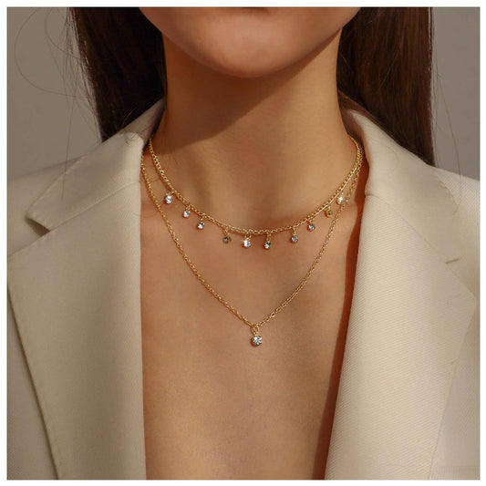 Boho Layered Gold Choker Necklace Crystal Pendant Necklace Rhinestone Tassel Choker Necklace Sparkly CZ Dangle Necklace Chain Jewelry for Women and Girls (Gold)