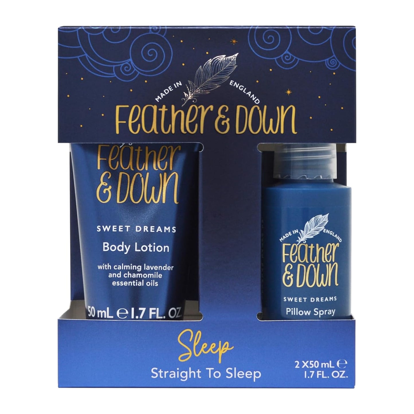 Feather & Down Straight to Sleep Gift Set: 50ml Pillow Spray & 50ml Body Lotion, The Perfect Sleep Duo, Infused with Lavender & Chamomile Essential Oils, Vegan & Cruelty Free