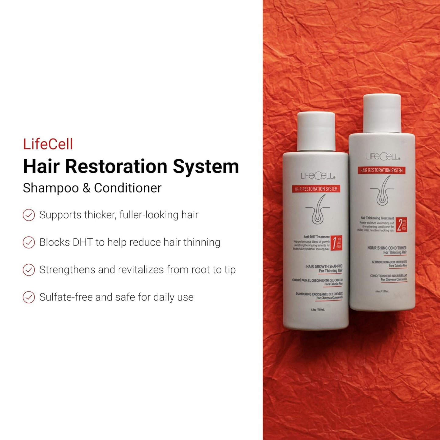 LifeCell Hair Restoration System – Anti-DHT Shampoo & Conditioner for Thicker, Fuller Hair – Strengthens & Revitalizes – Supports Scalp Health & Hair Growth