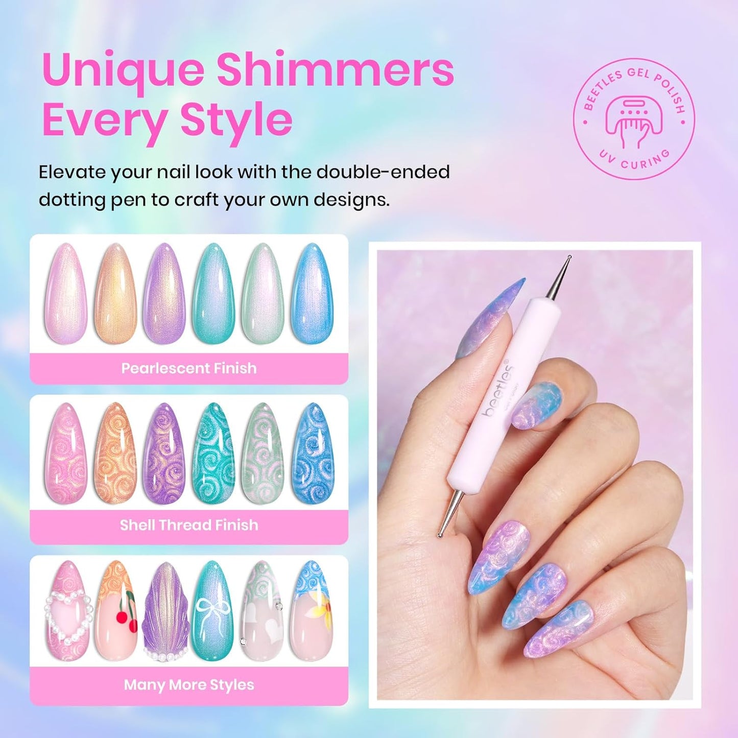 Beetles Pearl Gel Polish, 6 Colors Shimmer Glitter Nail Polish Pink Purple Orange Mermaid Nail Drawing Nail Gel Dreamy Carousel Soak Off Uv Swirl Shell Thread Effect DIY Manicure Gift for Women