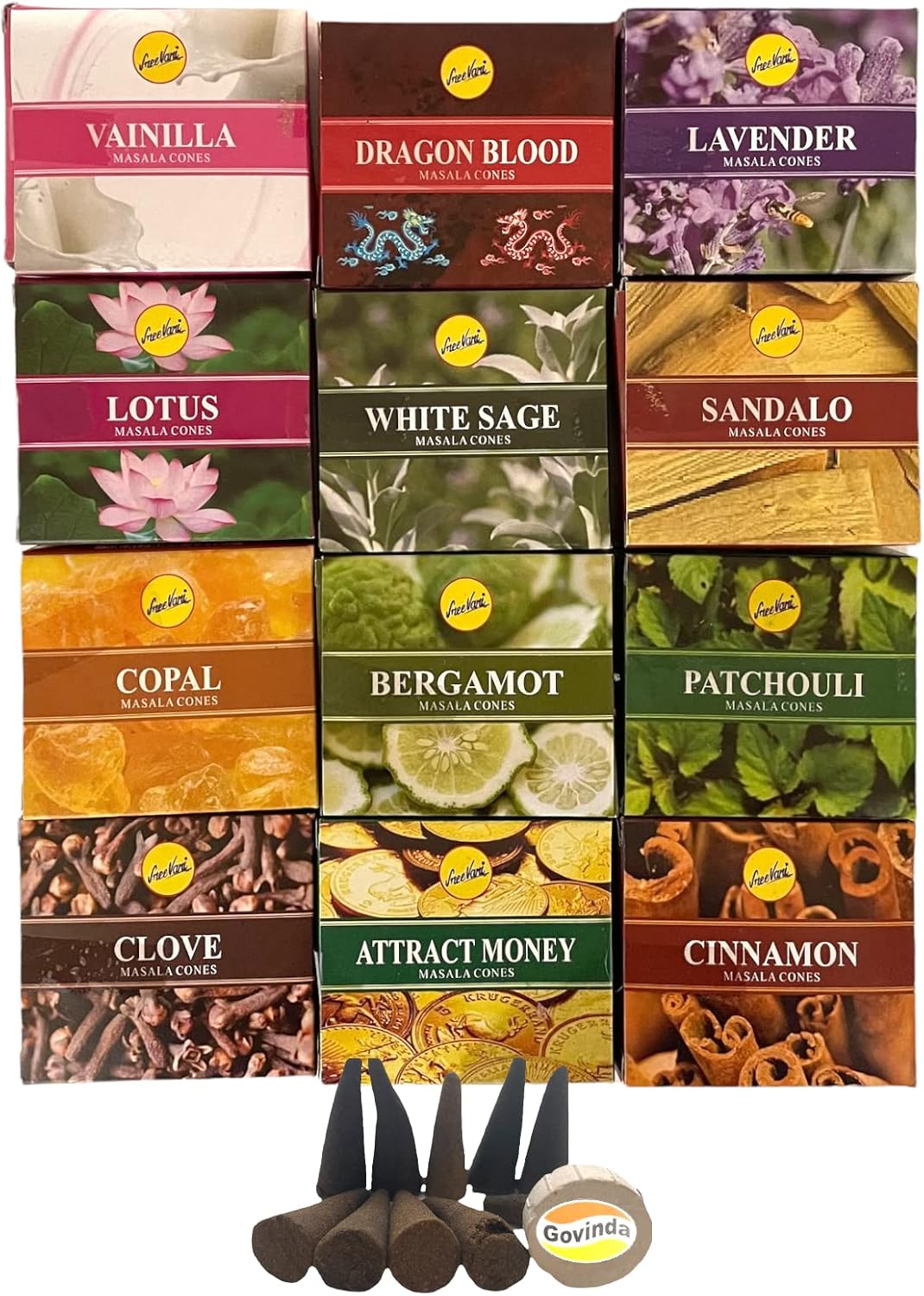 Sreevani Natural Masala Incense Cones and Holder Bundle, 120 Cones Total, Assorted #1