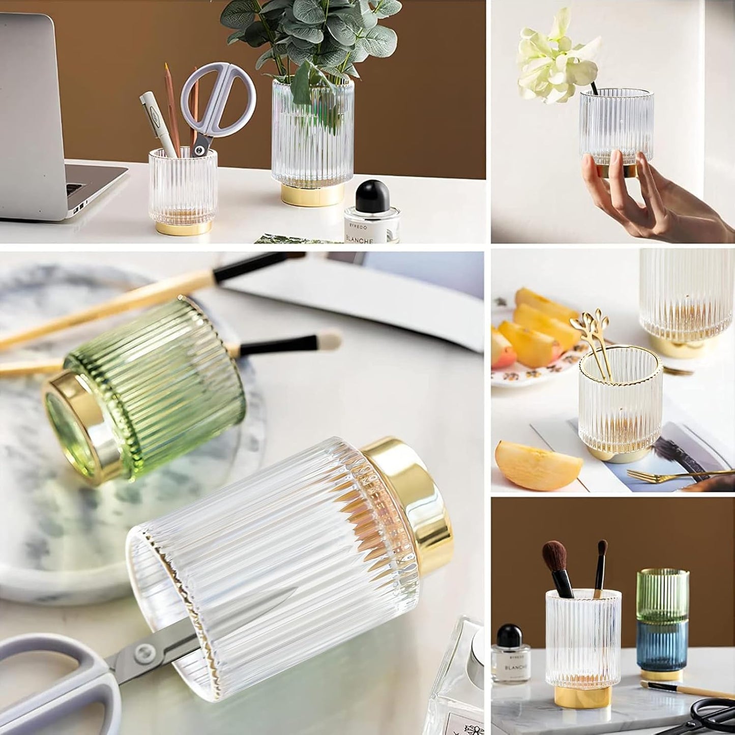 DASITON Makeup Brush holder Organizer,Crystal Cosmetic Makeup Brush Glass Brushes Storage Holder, Vintage Make Up Brush Cup Pen Pencil Holder striped vase(Clear L)