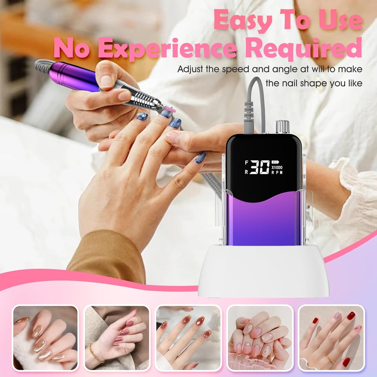 CIVPOWER Nail Drill Professional: 35000RPM Electric Nail File - Portable Rechargeable LED Display Nail Tool Kit- Manicure Pedicure Salon Home DIY (Blue Purple)