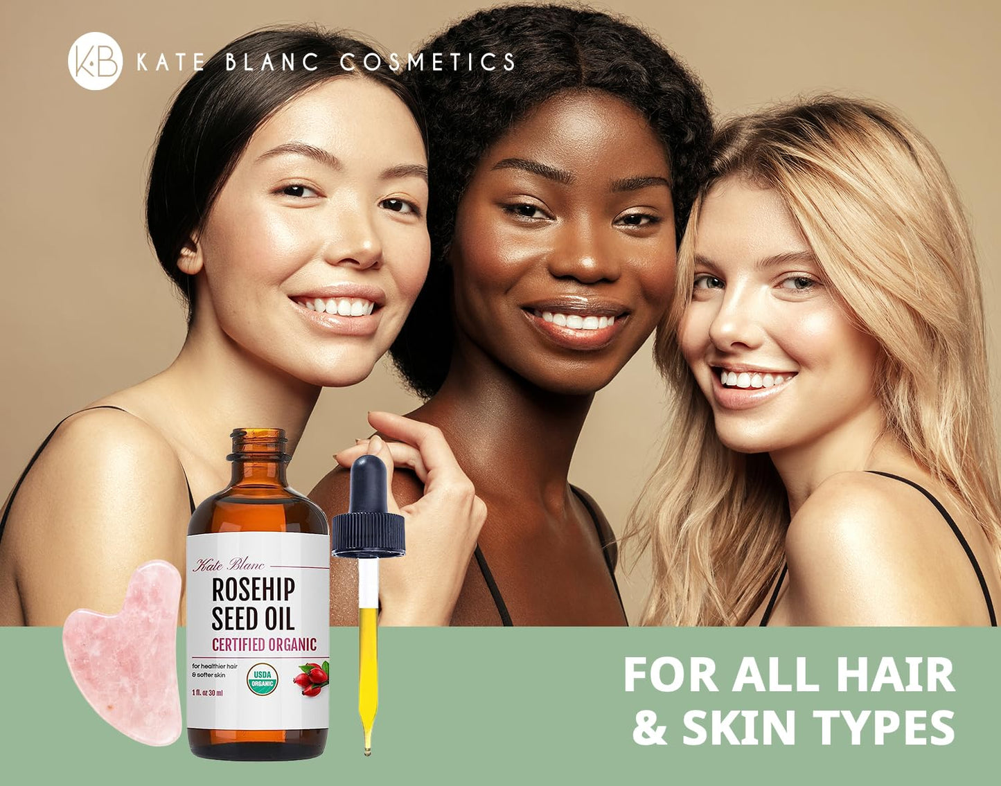 Kate Blanc Cosmetics Rosehip Oil for Face with Pink Gua Sha Stone (1oz, Organic, Pure, Cold Pressed) Rosehip Seed Face Oil for Gua Sha Massage