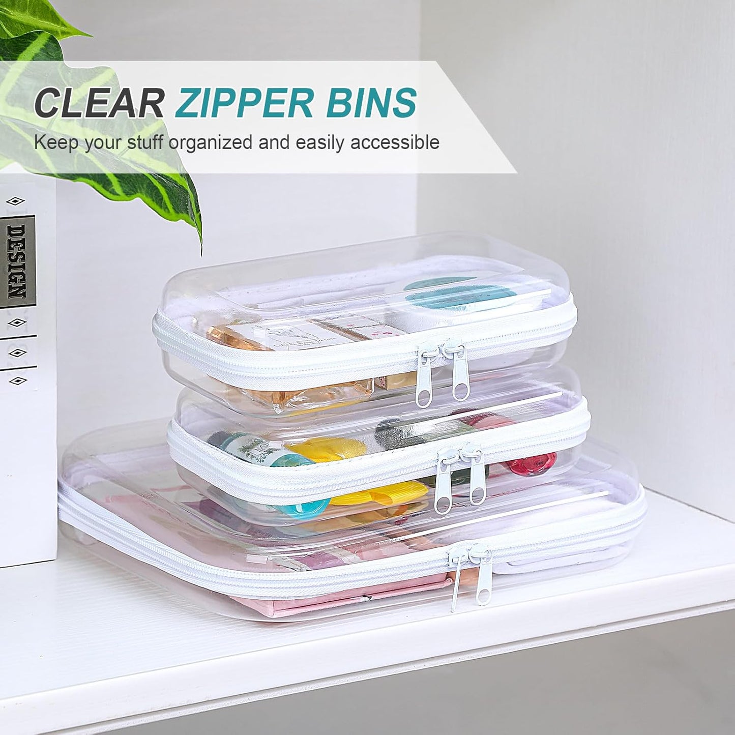 Hoolerry 3 Pcs Clear Hard Zipper Case Plastic Pouch Transparent Hard Case Clear Makeup Bag Portable Travel Organizer Bin for Cosmetics, Building Blocks, Puzzles(White,Mss)