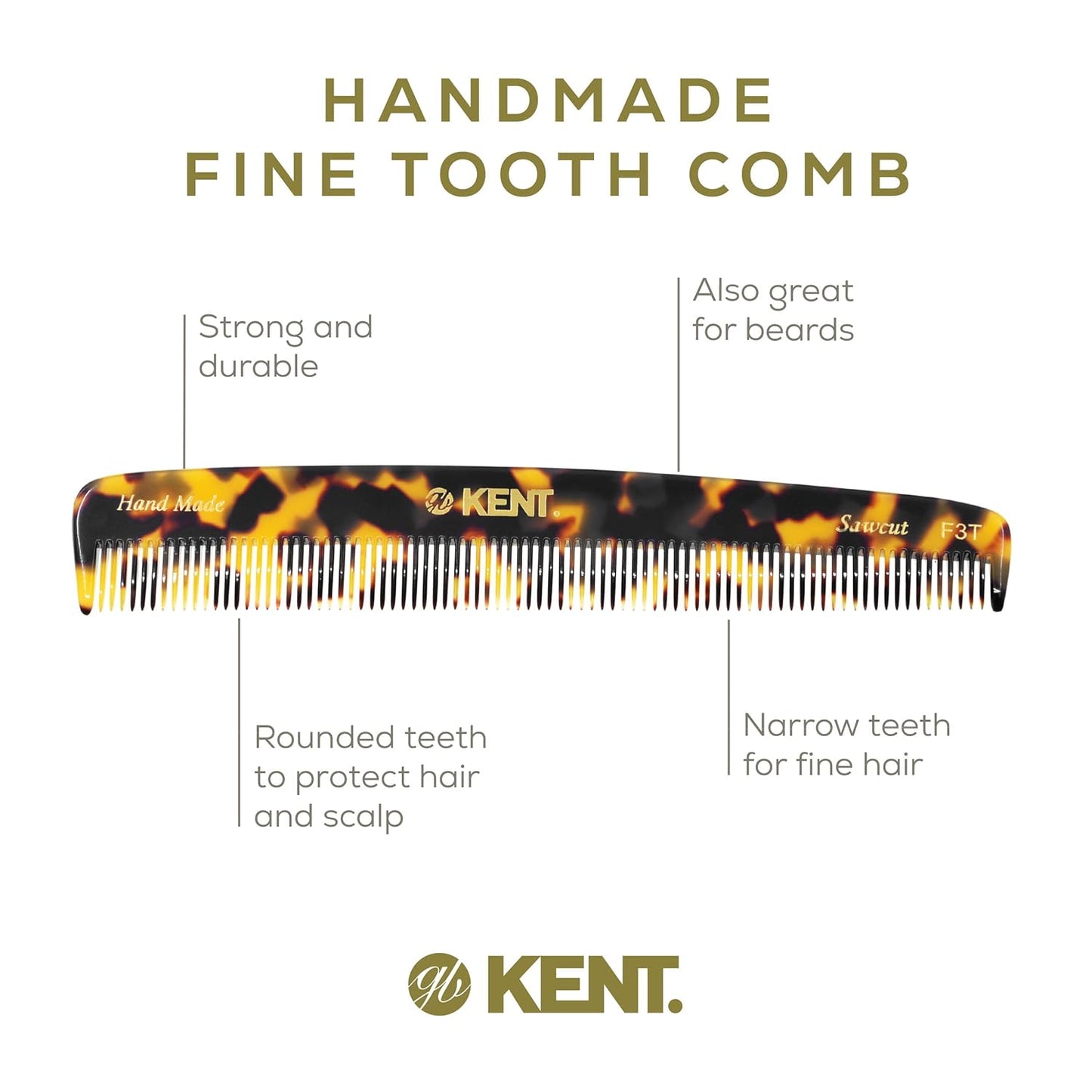 Kent F3TY Fine Tooth Comb - Hair Parting and Straightening Comb for Men's & Women's Dandruff Remover, Saw Cut and Hand Polished Made in England
