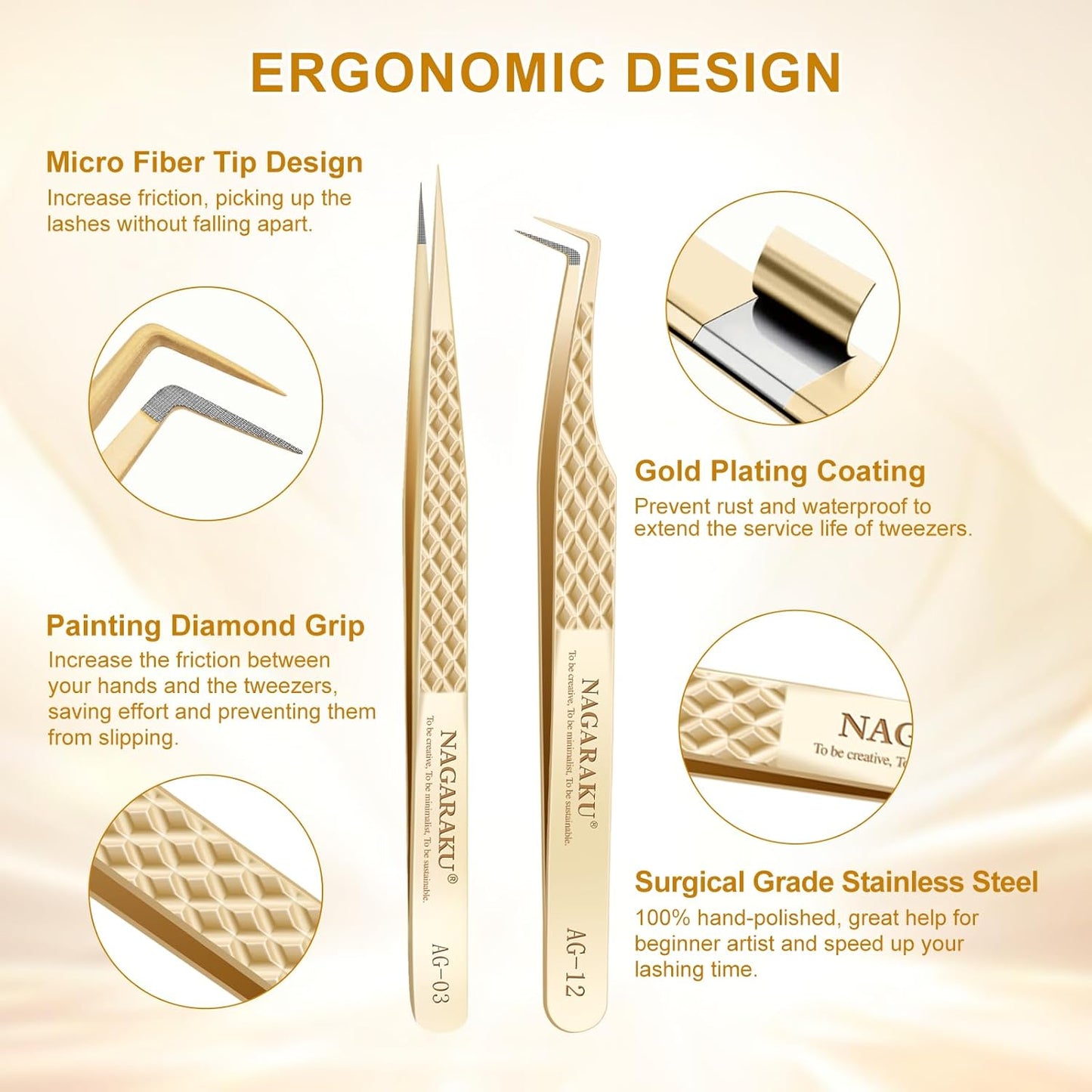 NAGARAKU Eyelash Tweezers, 1 Pair Precision Micro Fiber Tip Tweezer for Lash Extensions Antistatic Anti-Slip Pinzas with Box -Straight Tip & 85 Degree Long Tip Tweezers AG-03 & AG-012
