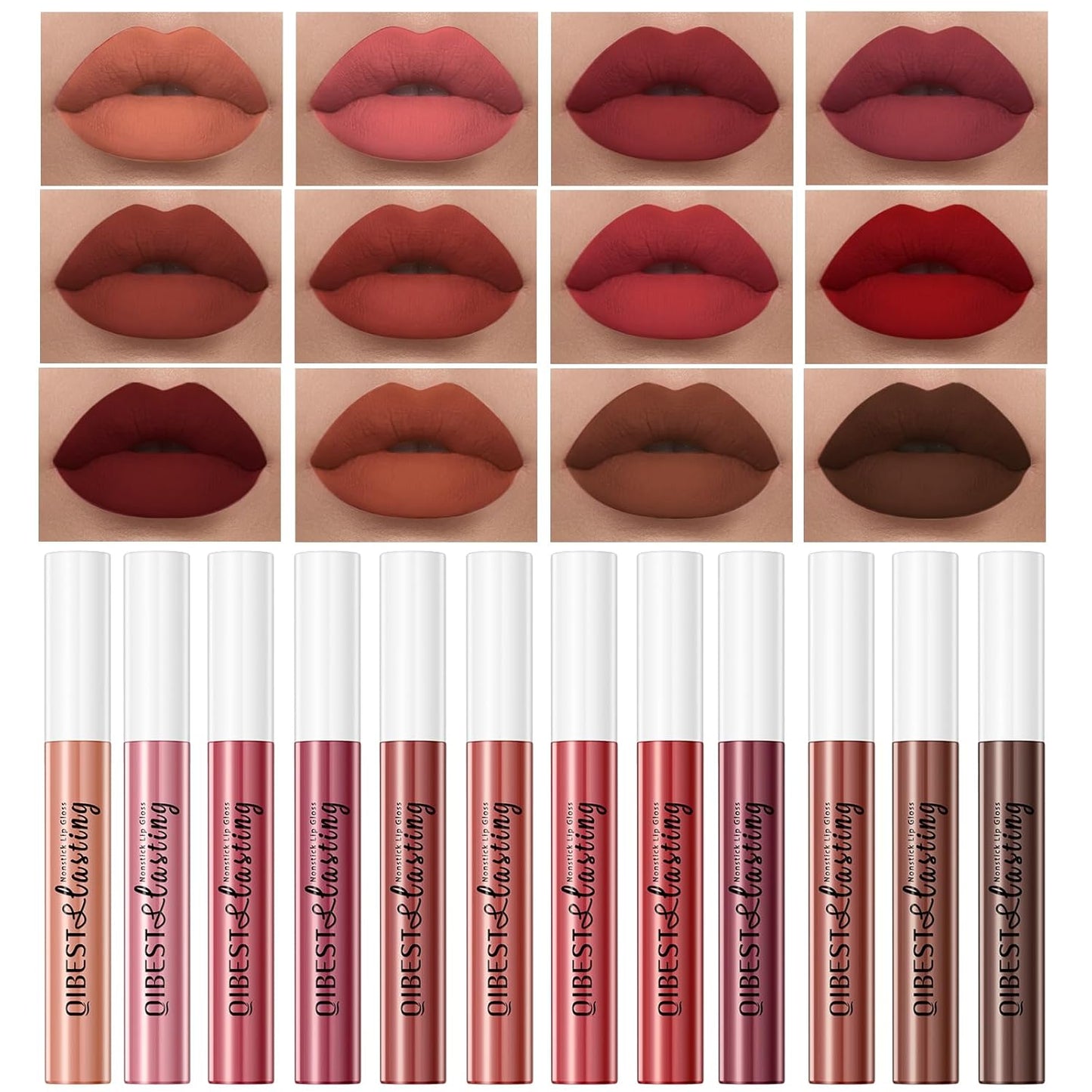 12Pcs Matte Liquid Lipstick Set for Girls & Women, 24 Hours Long Lasting Waterproof Nude & Dark Red Lip Gloss Makeup Kits, Velvet Non-Stick Cup Mate Duracion 24 Horas Originales Lip Stains (Set 01, 1)