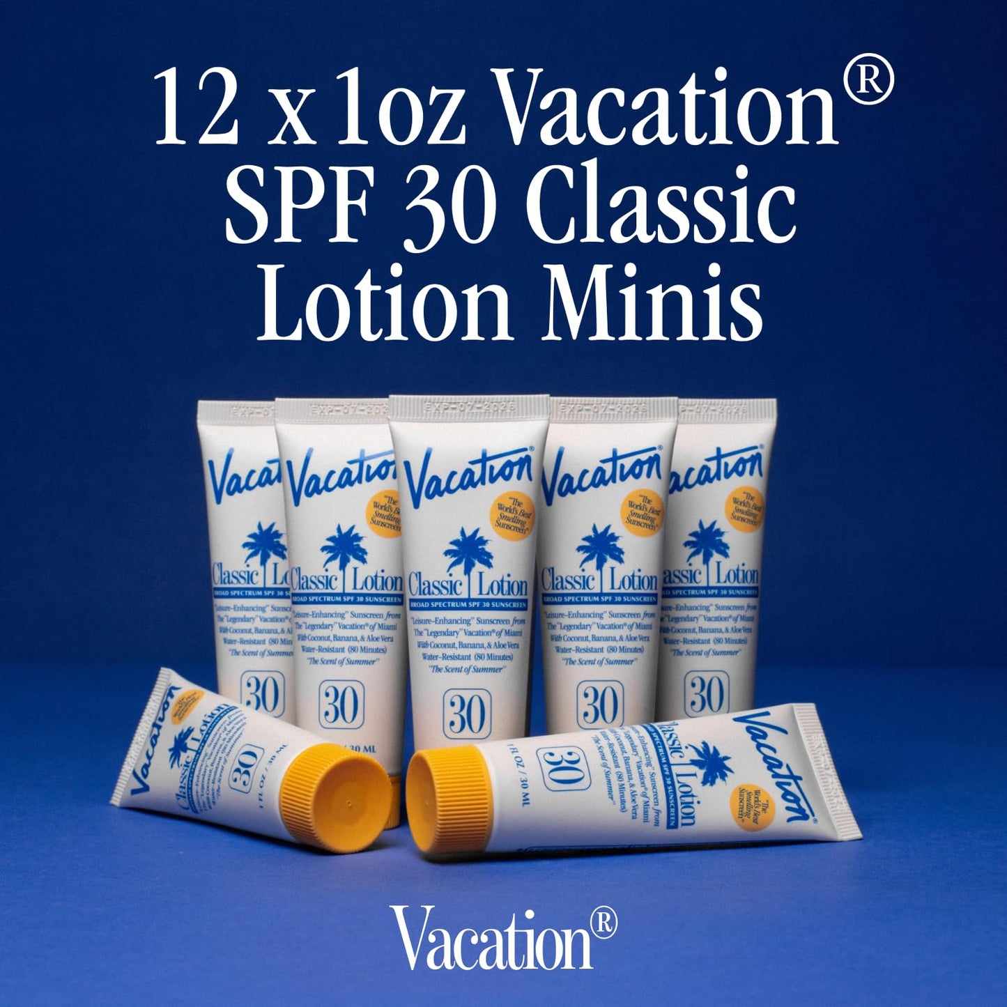 Vacation Mini Classic Sunscreen SPF 30, Water-Resistant, Bulk Suntan Lotion, Bachelorette Party Favors, Beach Must Haves, Traveling Essentials, Travel Size, 1 Fl. Oz. (Value Pack of 12)