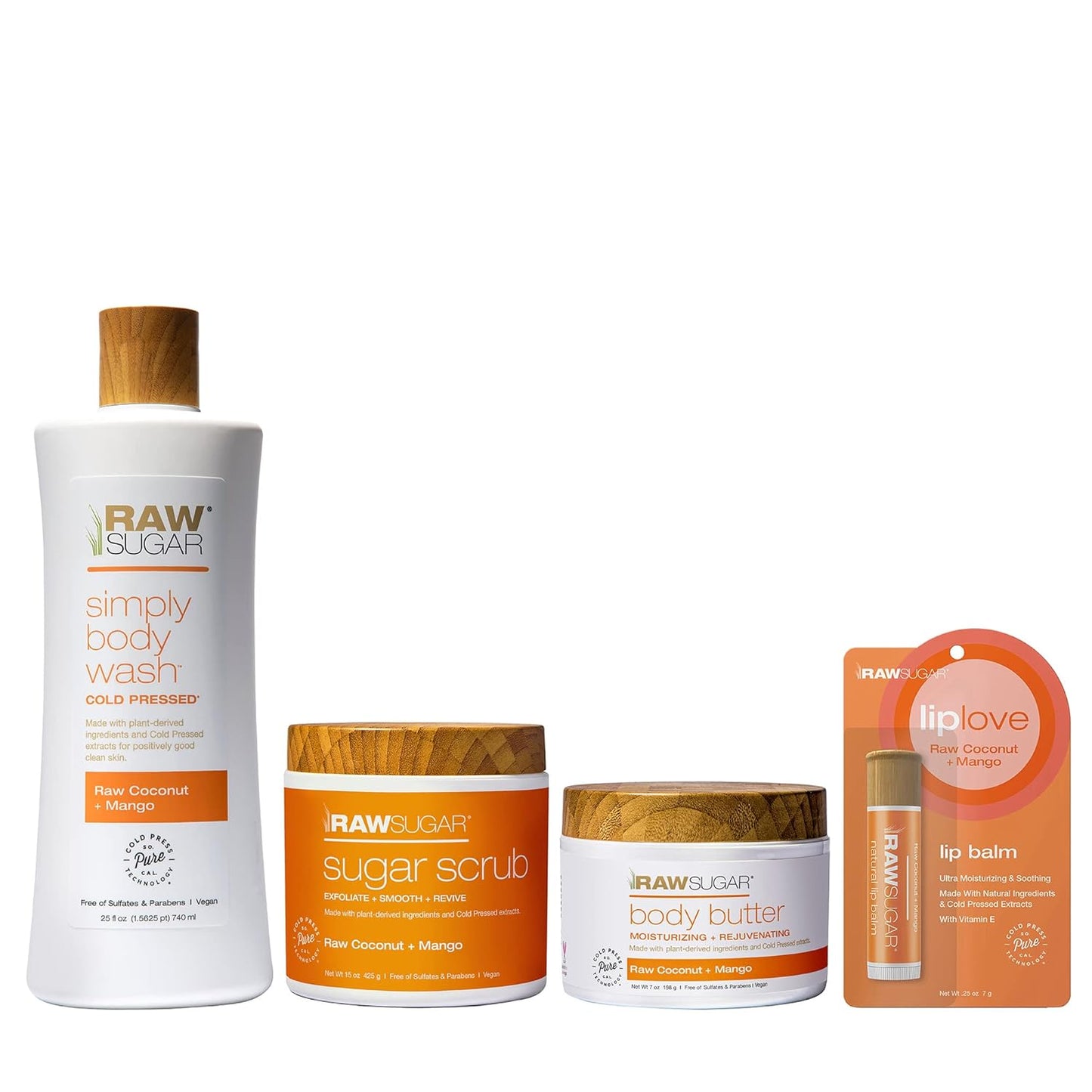 Raw Sugar Nourishing Raw Coconut + Mango Body Love Bundle - Body Wash, Body Scrub, Body Butter & Lip Balm, Clean, Made with Plant-Derived Ingredients, Formulated without Sulfates and Parabens