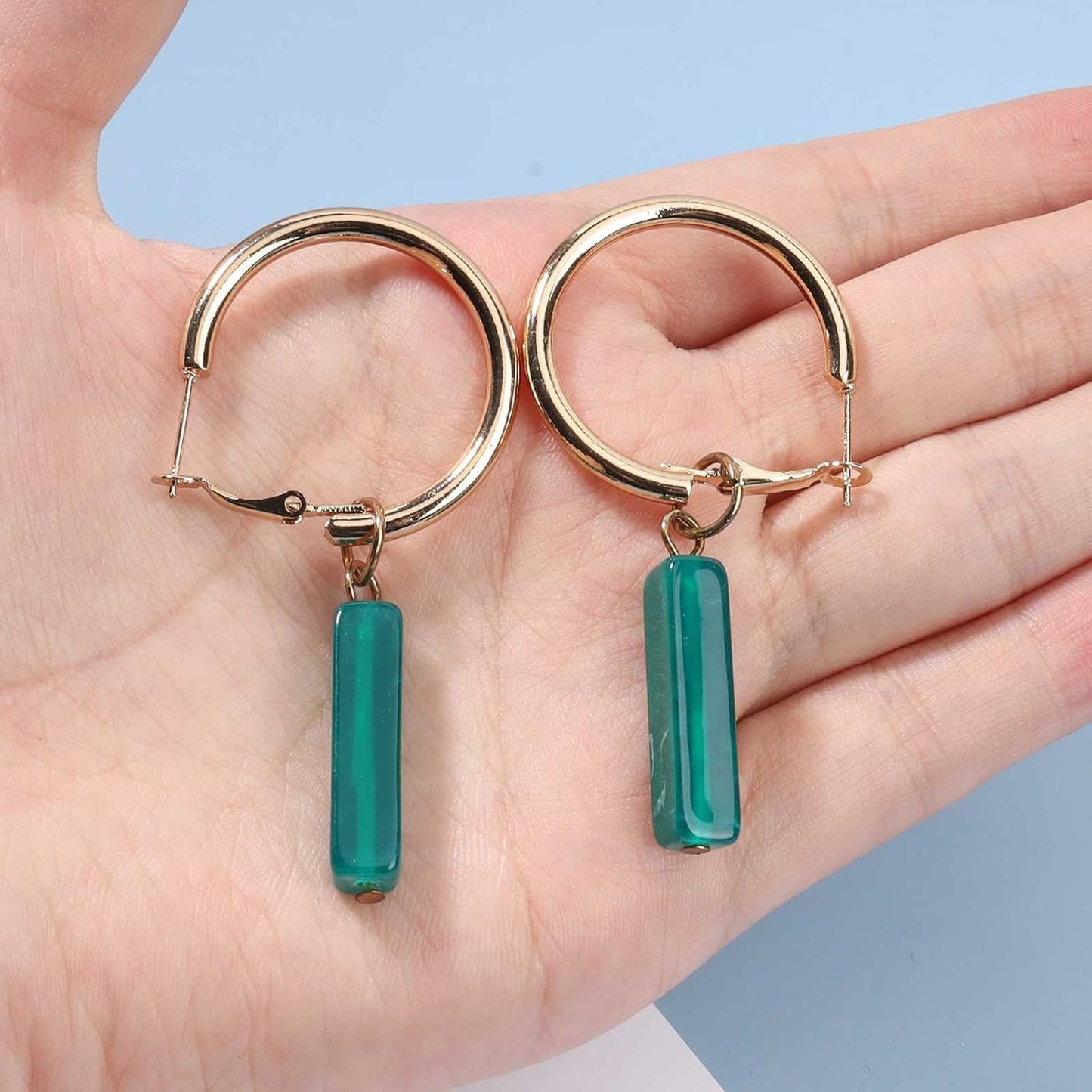 Boho Rectangle Green Jade Earrings Green Marbled Earrings Gold Circle Leverback Dangle Earrings Vintage Circle Hoop Dangle Earrings Jewelry for Women and Girls
