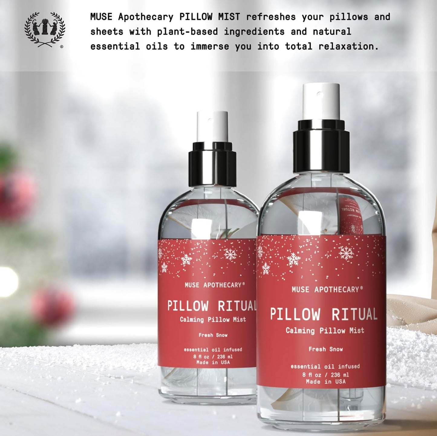Muse Apothecary Pillow Ritual - Aromatic, Calming and Relaxing Pillow Mist, Linen and Fabric Spray - Infused with Natural Aromatherapy Essential Oils - 8 oz, Fresh Snow, 2 Pack