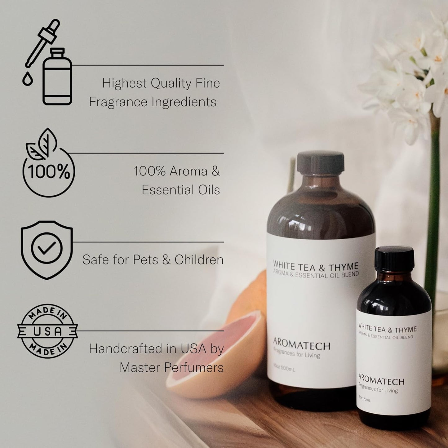 AromaTech White Tea and Thyme Aroma Essential Oil Blend: Luxury Hotel Inspired Aromatherapy with Tea Leaf, Fresh Thyme & Amber for Ultrasonic Diffusers & Nebulizers - 16 fl oz, 500 mL