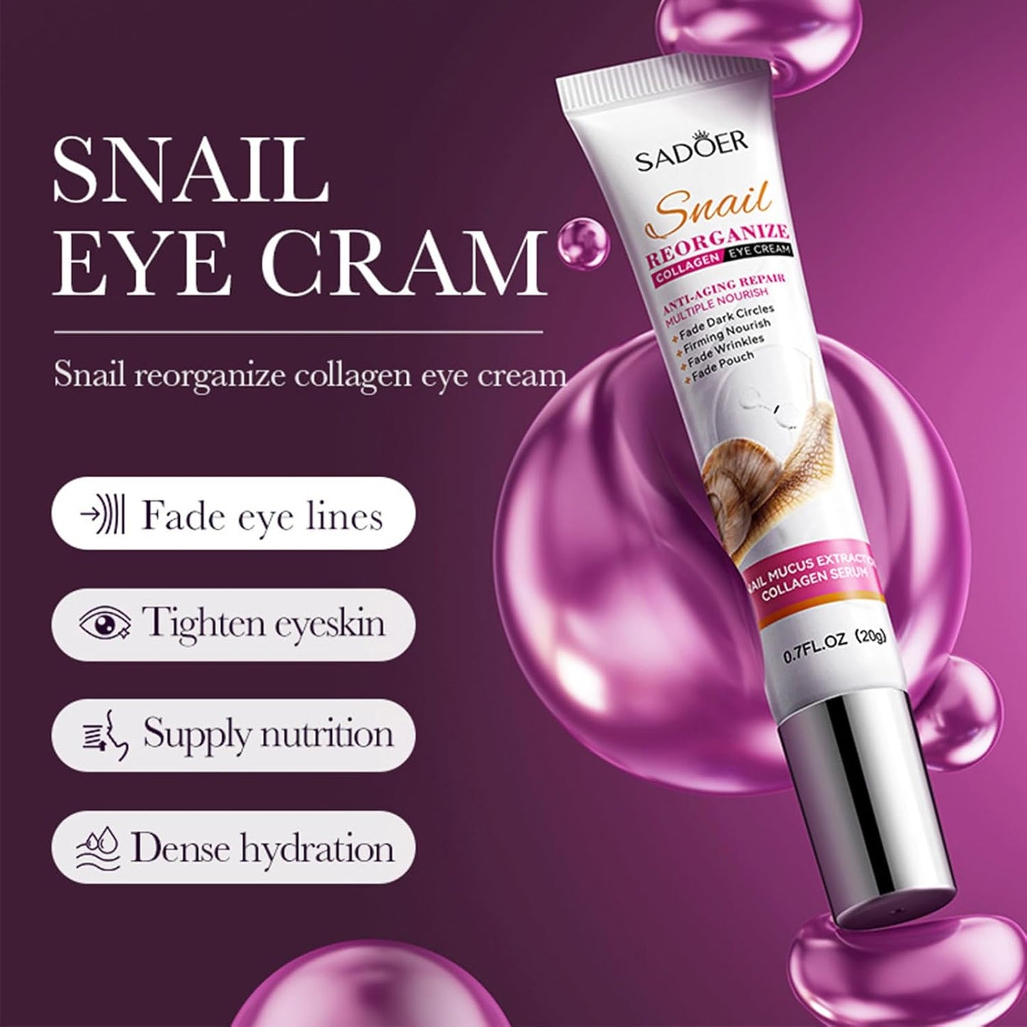 Snail Repair Eye Cream with Snail Mucin Extract and Collagen,Eye Wrinkle Firming Cream Under Eye Repair Cream for Anti-aging Hydrating Reducing Dark Circles Fine Lines Puffiness