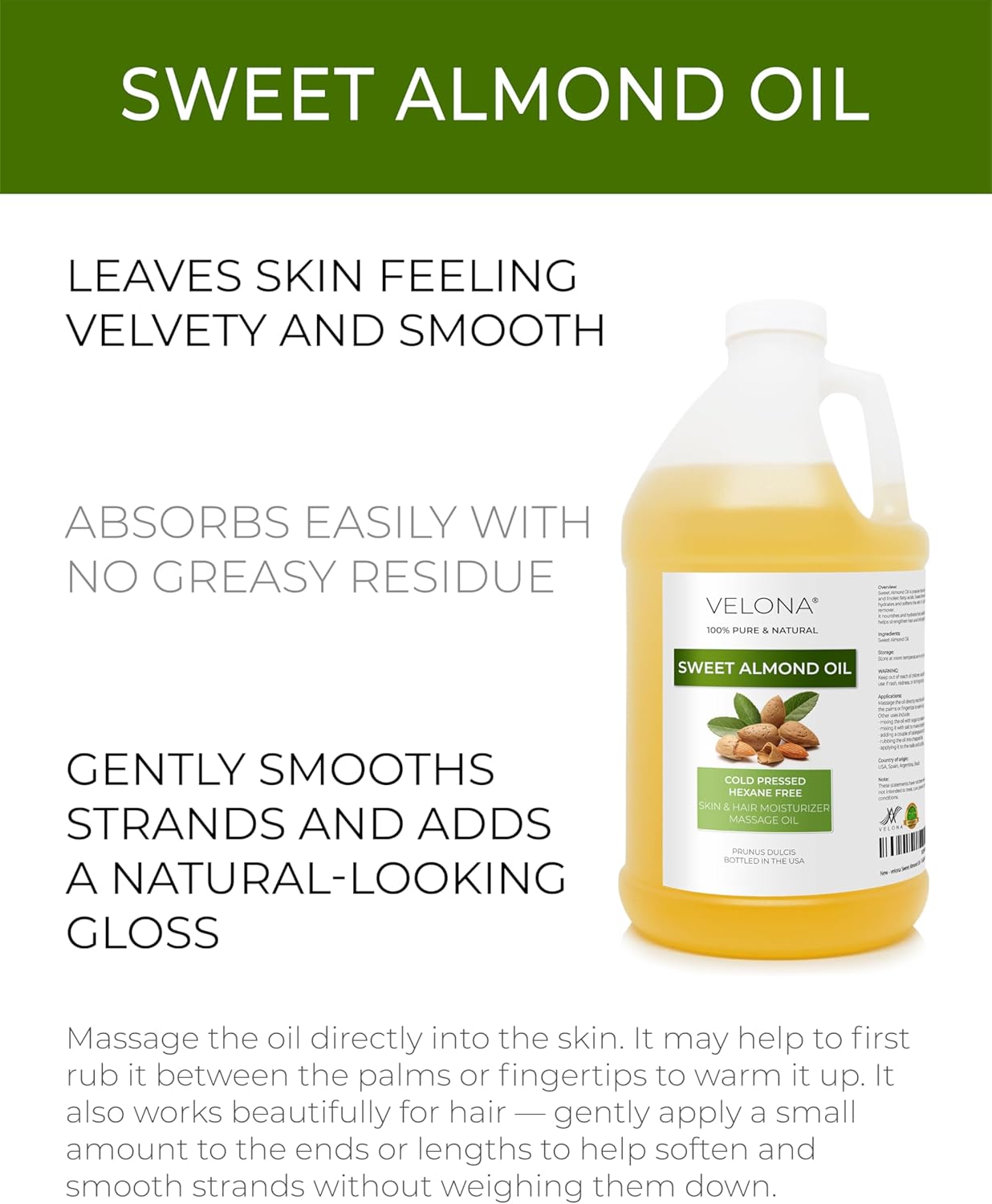 velona Sweet Almond Oil - 64 Fl Oz | 100% Pure and Natural Carrier Oil |Cold Pressed | Skin, Hair, Body & Face Moisturizing | Use Today - Enjoy Results…