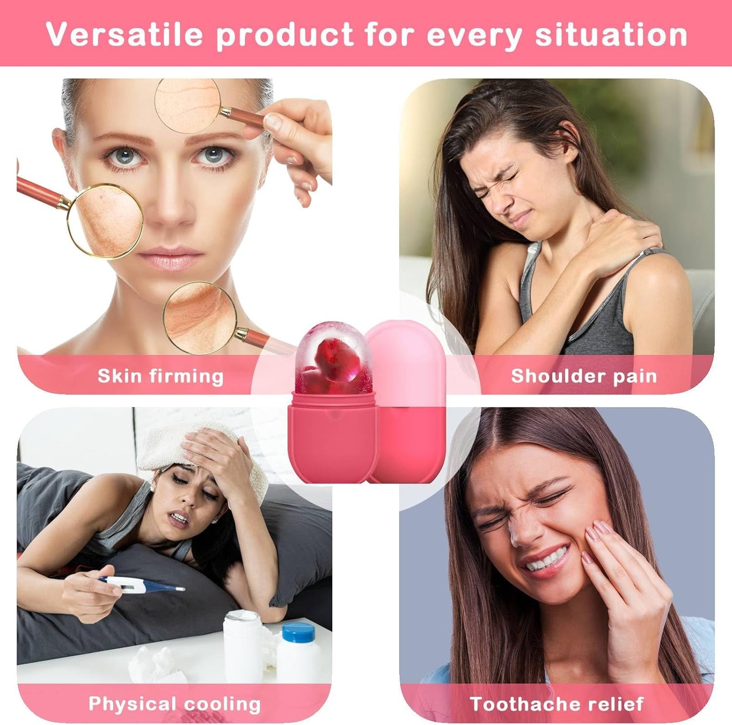 KOGITI Ice Mold for Face，Ice Roller for Face & Eye, Beauty Facial Ice Rollers Ice Holder Mold Face Puffiness Relief Massage Skin Care Tools, Ice Facial Cube (New-Pink)