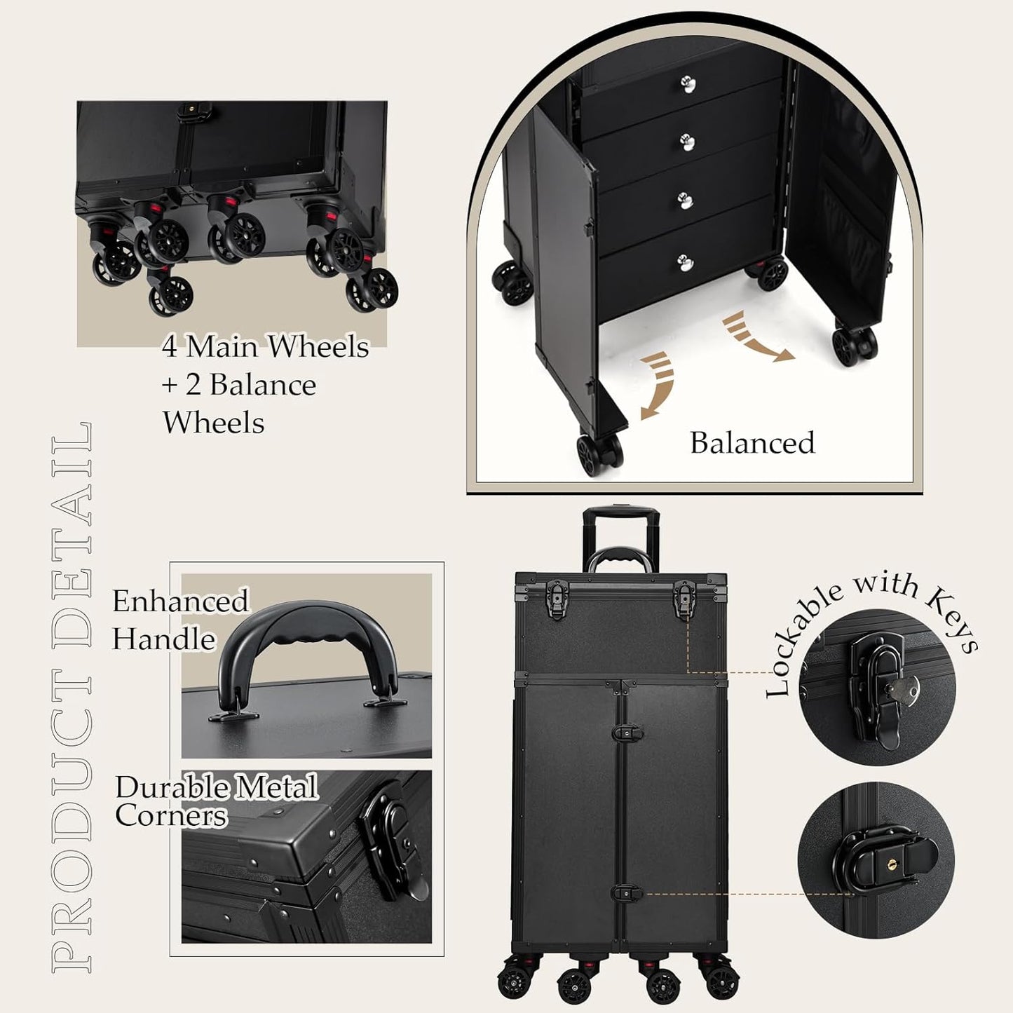 Joligrace Professional Rolling Makeup Case 4 Drawers Pro Makeup Artist Cosmetic Train Case Hairstylist Travel Case Portable Make Up Station with Multiple Compartments Extra Large - Black