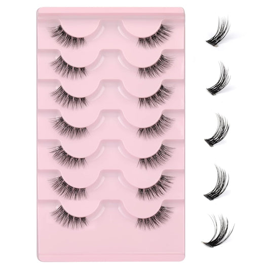 JIMIRE Half Lashes with Clear Band Cat-Eye Lashes Fluffy Wispy Accent False Eyelashes Natural Look Handmade Soft DIY Cluster Lashes Pack 7 Pairs