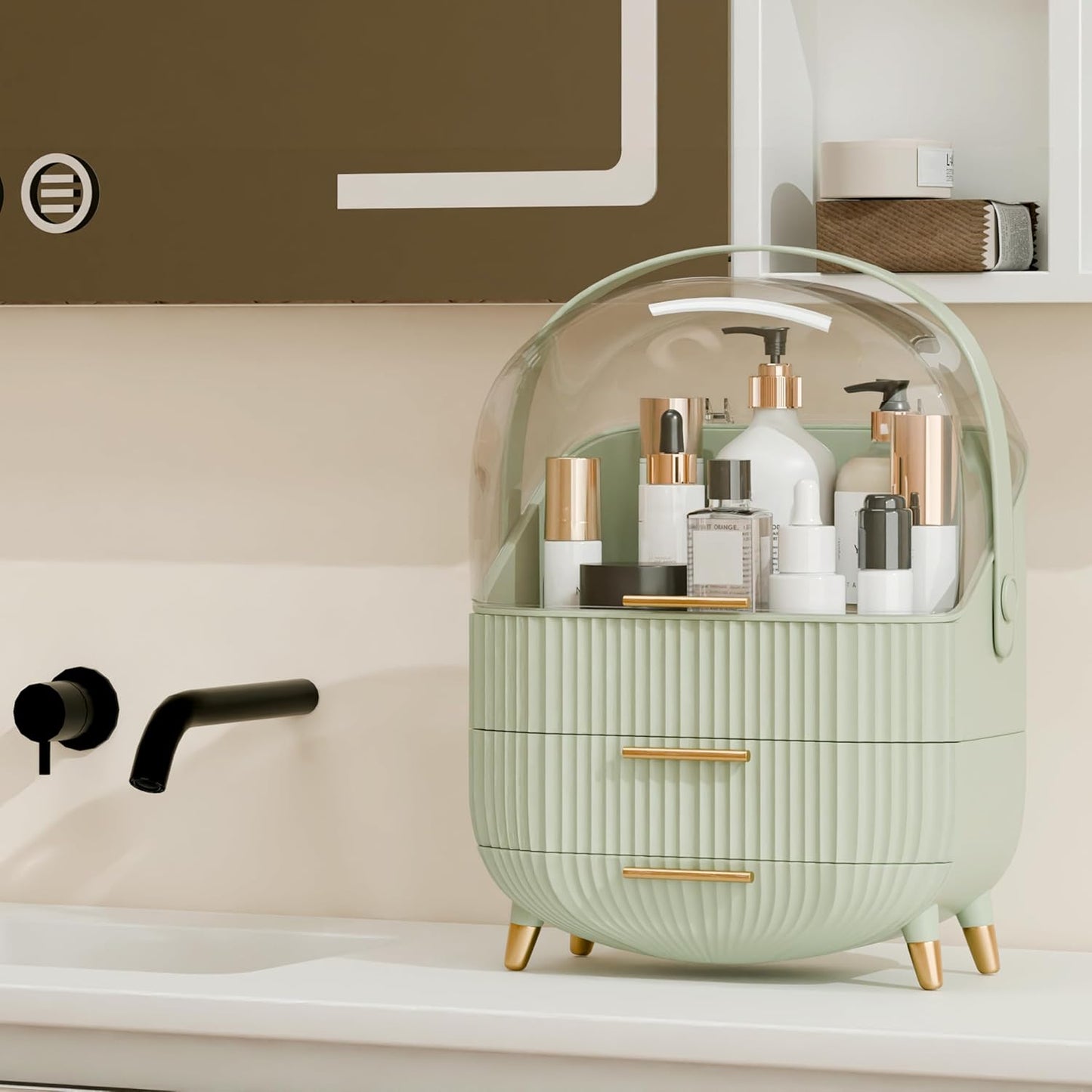 Makeup Organizers and Storage, Make up Organizer for Vanity Cosmetics Skincare Organizers With Lid and Drawers Display Cases for Countertop（Light Green）