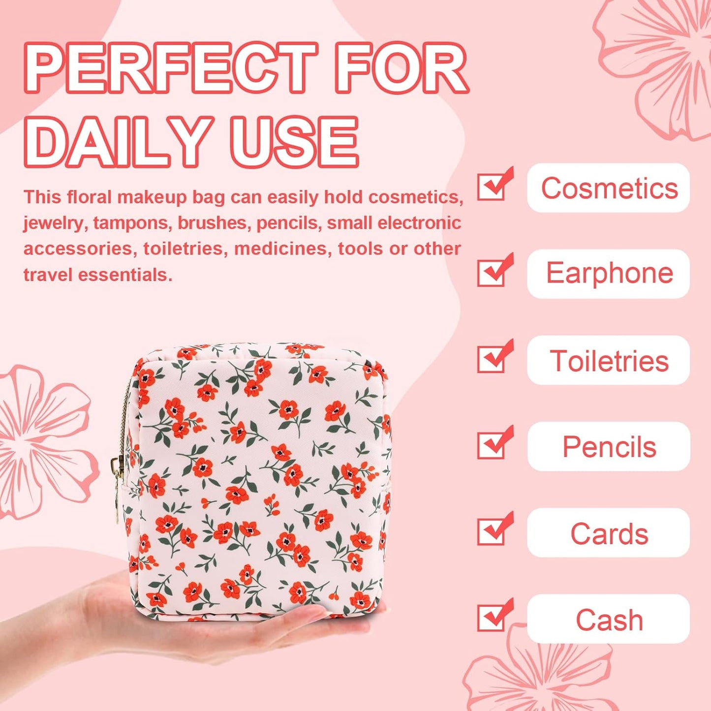 Waterproof Mini Floral Makeup Bag Pouch for Purse,Nylon Flower Cosmetic Travel Bag Small Preppy Toiletry Organizers Bag for Women Girl,Cute Zipper Pouch Coin Purse for Work(Mini Pink-Flowers)