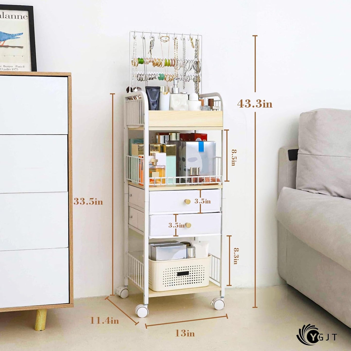 YGJT Makeup Organizer, Floor Skincare Cosmetics Organizer with Drawers, Jewelry Organizers and Storage for Earring Necklace, Vanity Organizer for Skin Care Perfume Makeup Brush Nail Polish Hair Tool