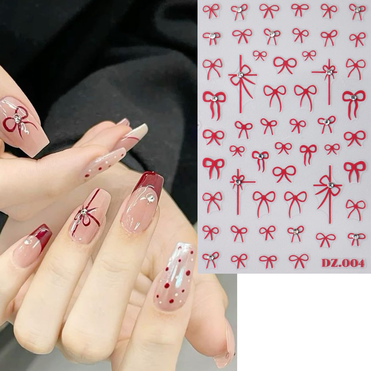 4Sheets Bow Nail Stickers for Nail Art Set, Bow 3D Nail Art Sticker Self-Adhesive Black White Red Bow Shiny Clear Diamond Nail Designs Cute Bow Decals for Women Girls Bow-Knot Manicure Decorations